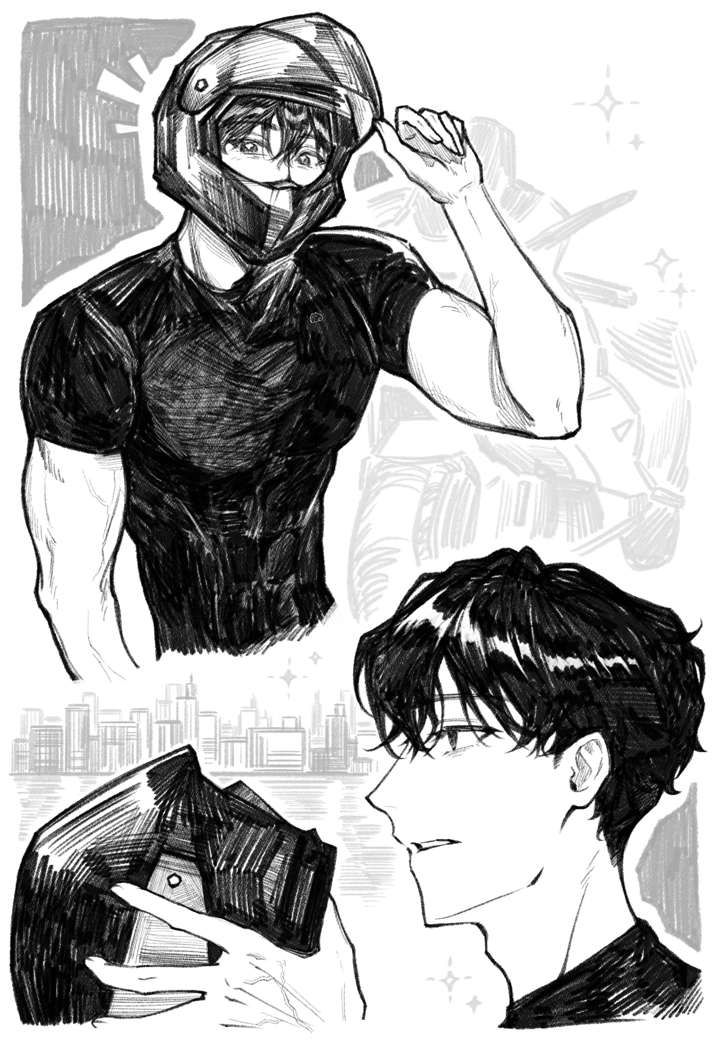 Black-and-white comic-style drawing of two young men wearing glasses and helmets, one with wavy hair and the other with short hair. The man with wavy hair is holding a wallet and looking at it, while the man with short hair is looking at him and touc