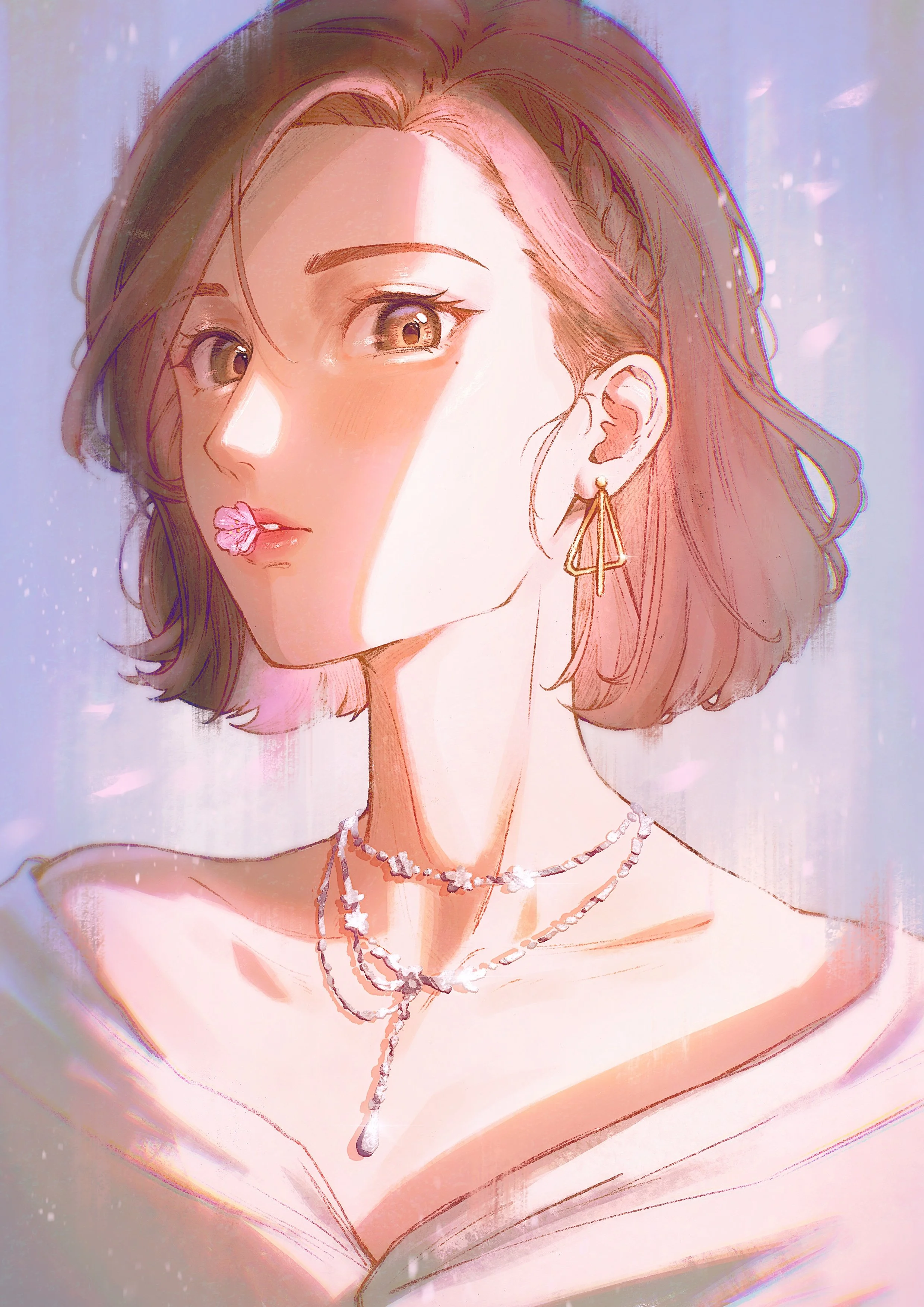 Stylized illustration of a young woman with short brown hair, wearing jewelry including earrings and multiple necklaces, with a light pink lipstick and a flower-shaped accessory on her lips.