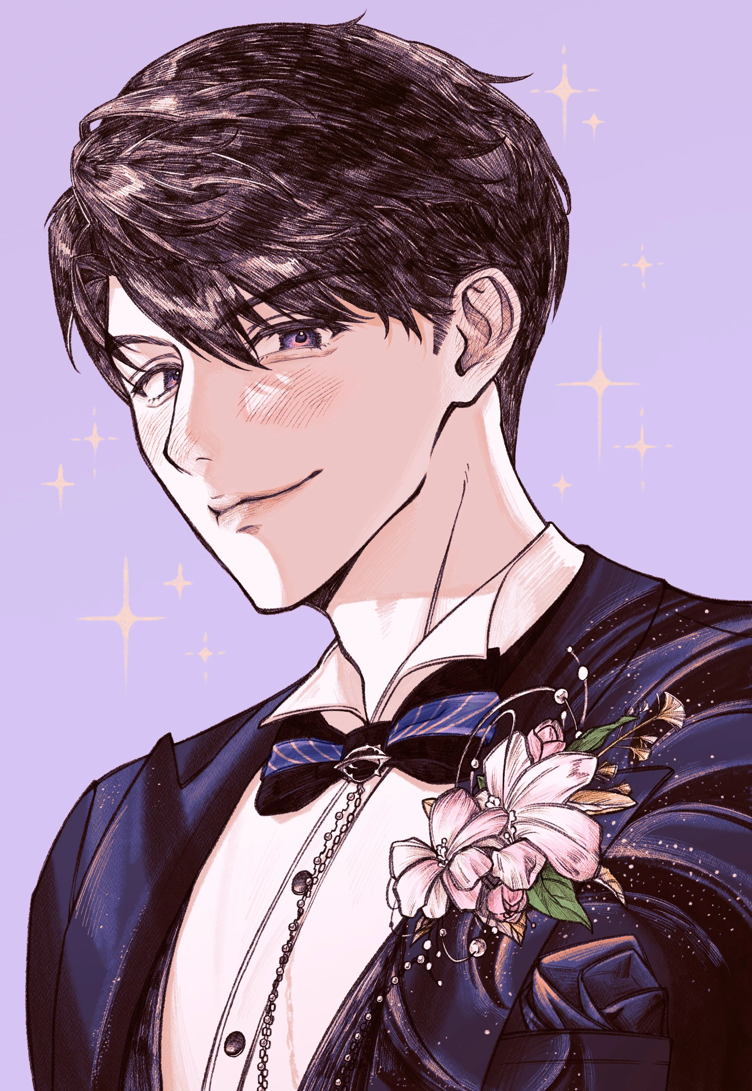Digital illustration of a young man with dark brown hair, a slight blush, and a confident smile. He is dressed in a tuxedo with a floral boutonniere on the shoulder, and a bow tie. The background is light purple with sparkling stars.