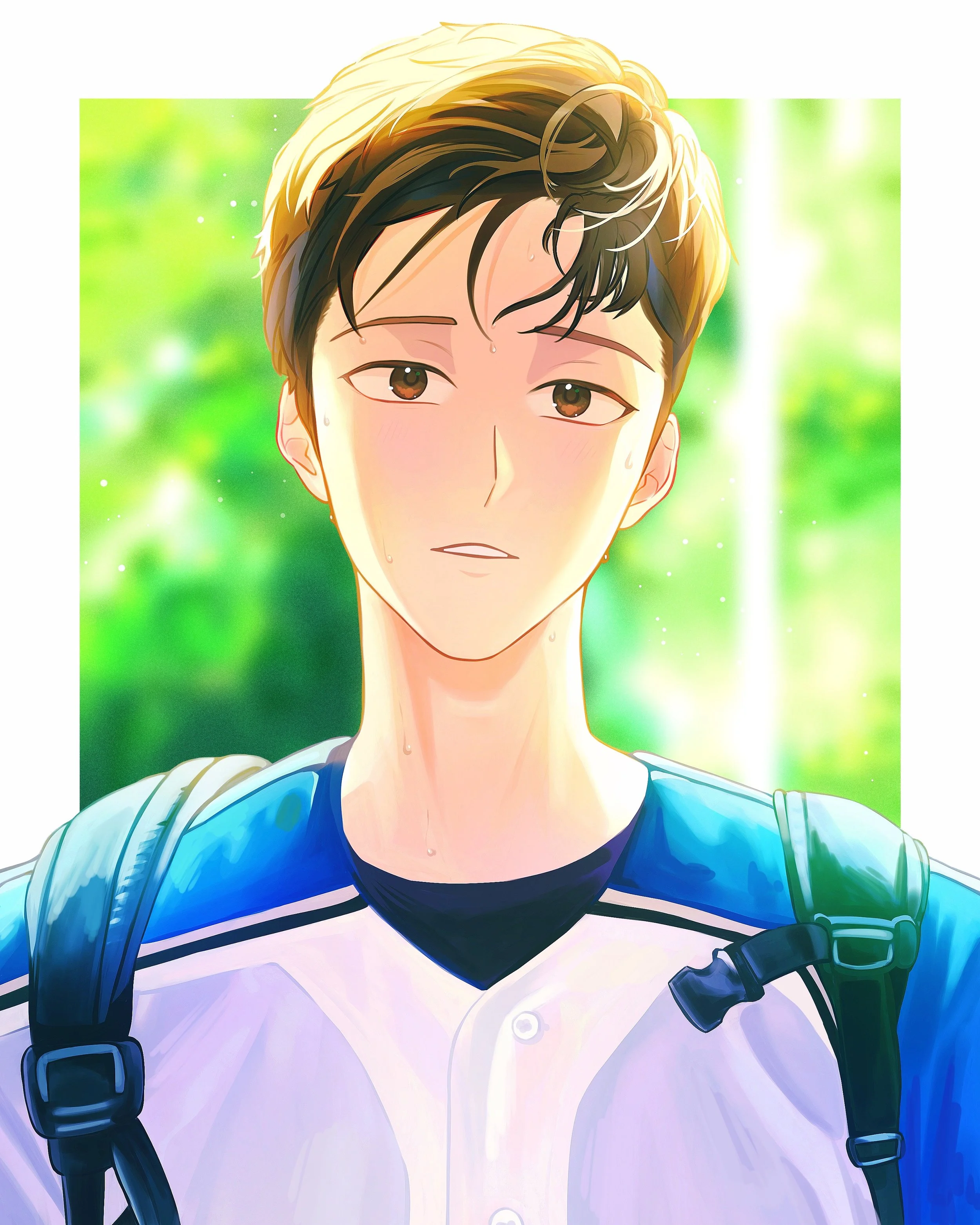An anime-style drawing of a young man with wet hair, wearing a baseball uniform and a backpack, standing outdoors with a green blurred background.