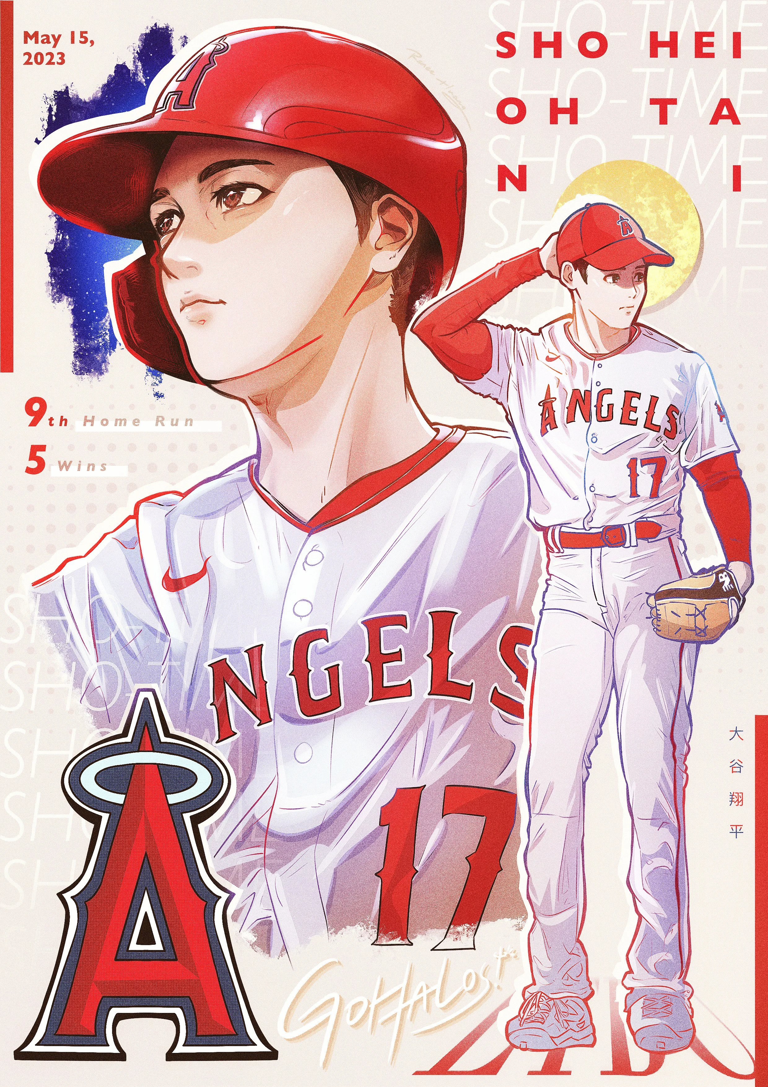 An illustrated poster of Shohei Ohtani, a baseball player for the Los Angeles Angels, featuring a close-up of his face with a serious expression and his full body in a batting stance, wearing a white Angels uniform with red accents, a red helmet, and
