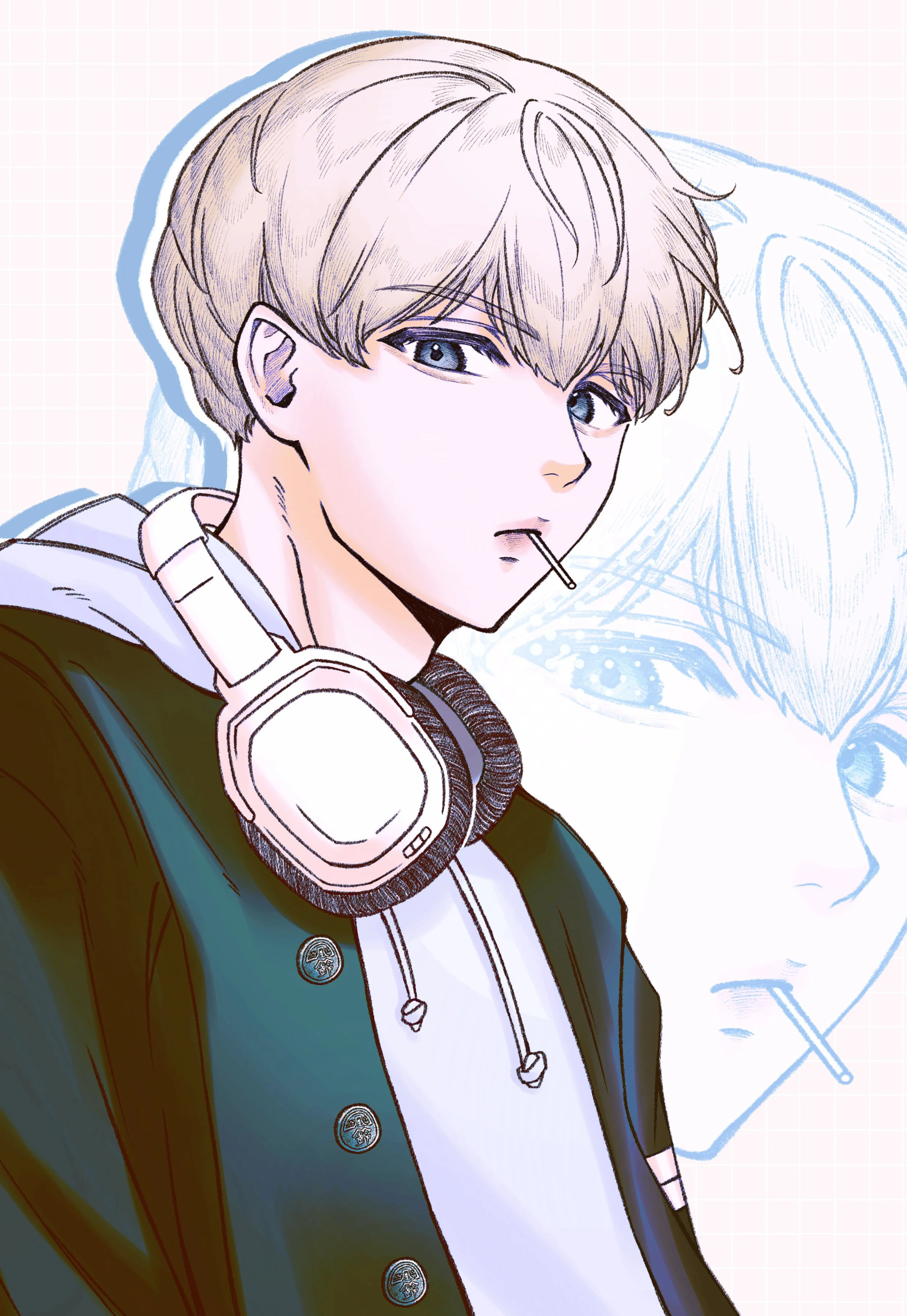 An illustration of a young man with blonde hair, blue eyes, wearing a dark jacket with buttons, a white hoodie, and headphones around his neck. He has a lollipop stick in his mouth and a contemplative expression.