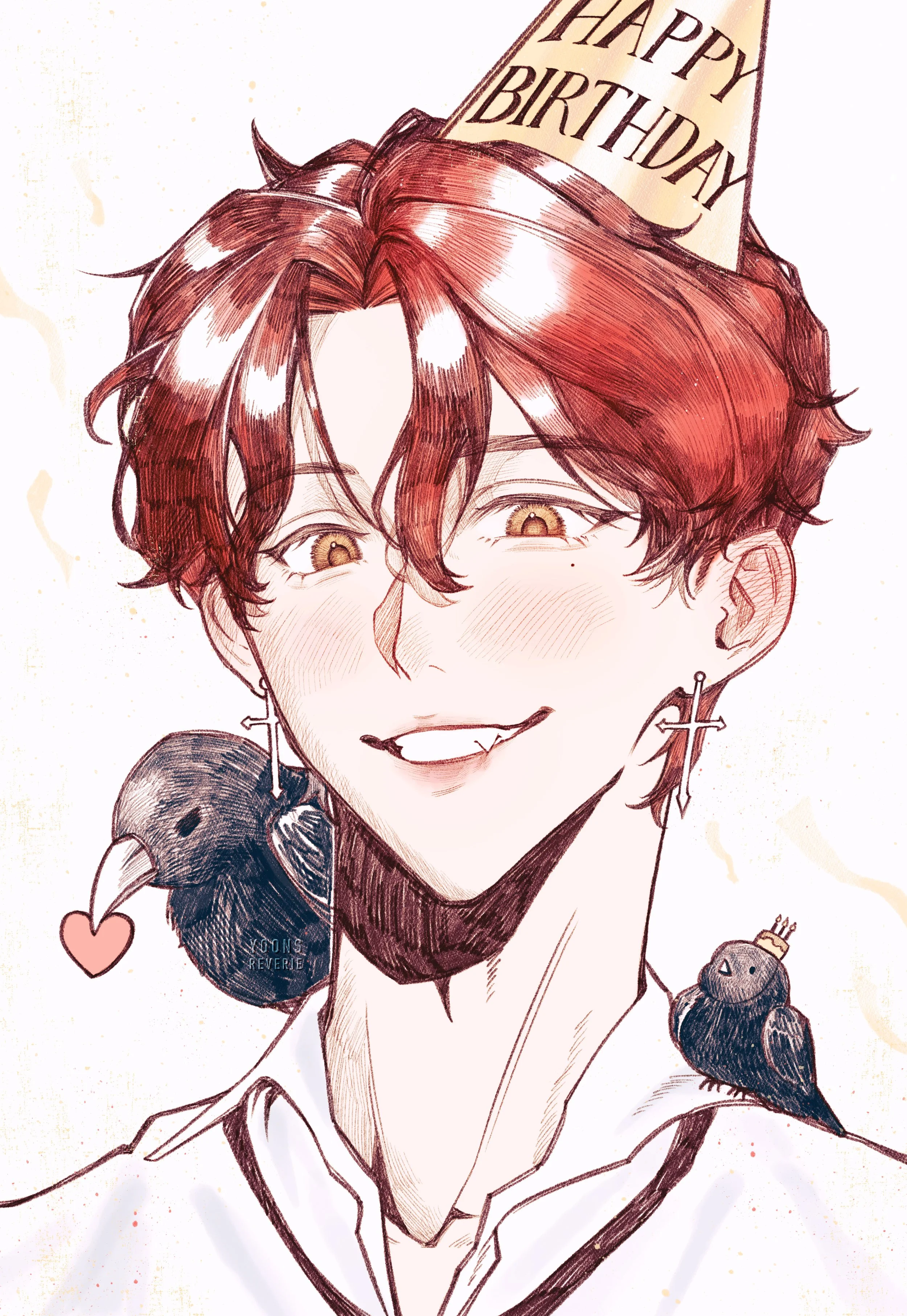 A drawing of a smiling person wearing a birthday hat that says "Happy Birthday", with earrings, and two small black birds on their shoulders, one with a heart-shaped pendant and the other with a tiny birthday cake.