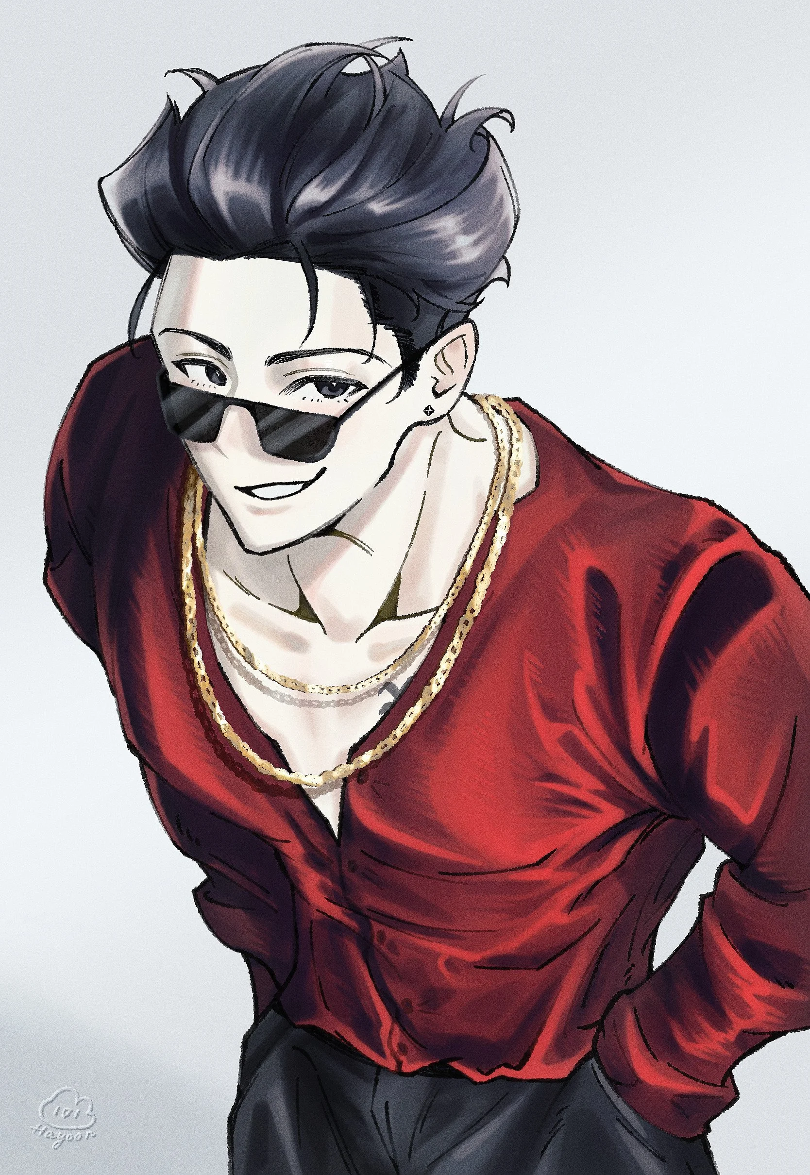 Digital illustration of a stylish young man with black hair wearing sunglasses, a red satin jacket with black stripes, gold chains, and black pants, striking a confident pose.