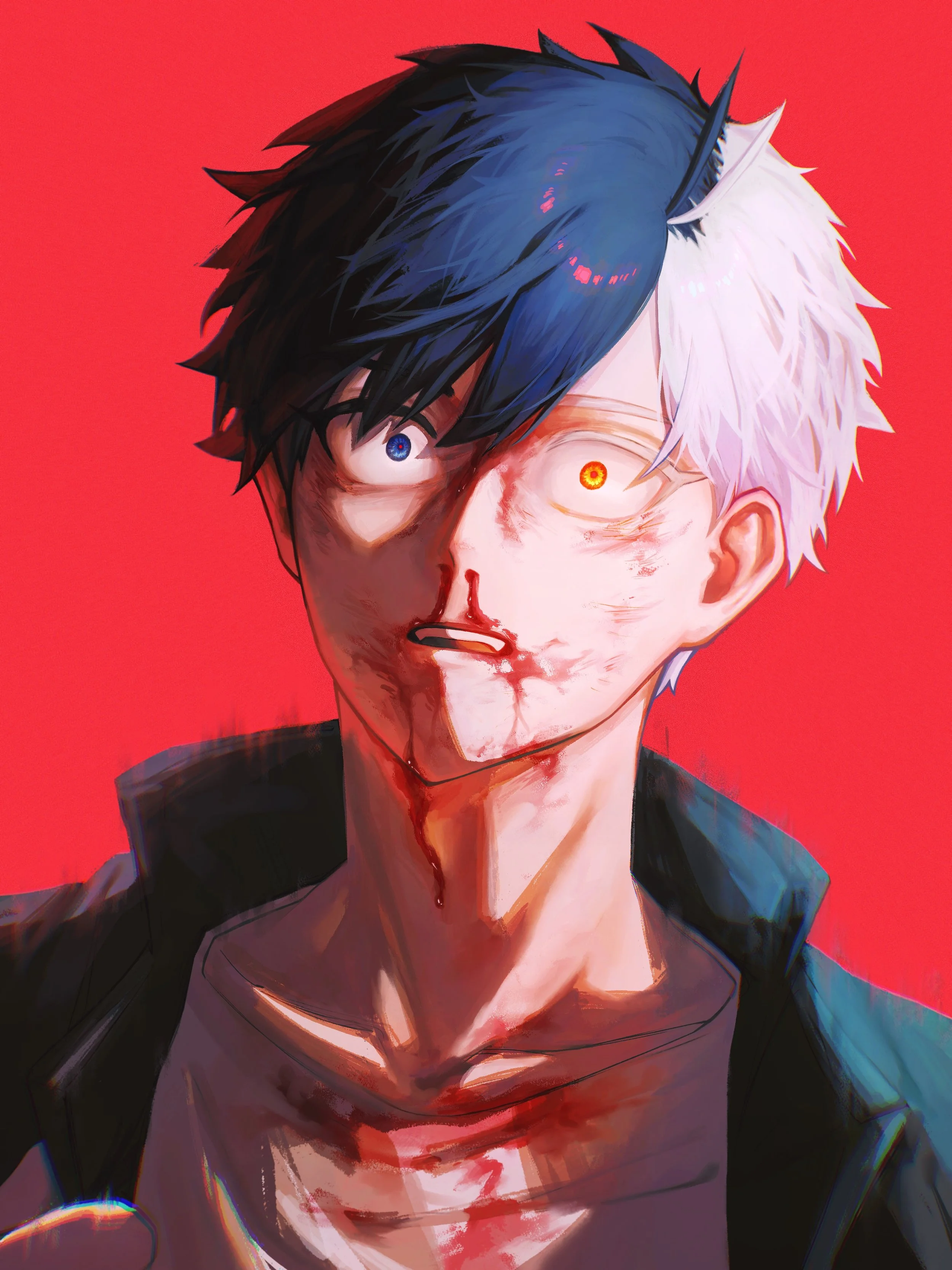 Digital illustration of a young man with half black and half white hair, bloodied face, and intense eyes, set against a red background.