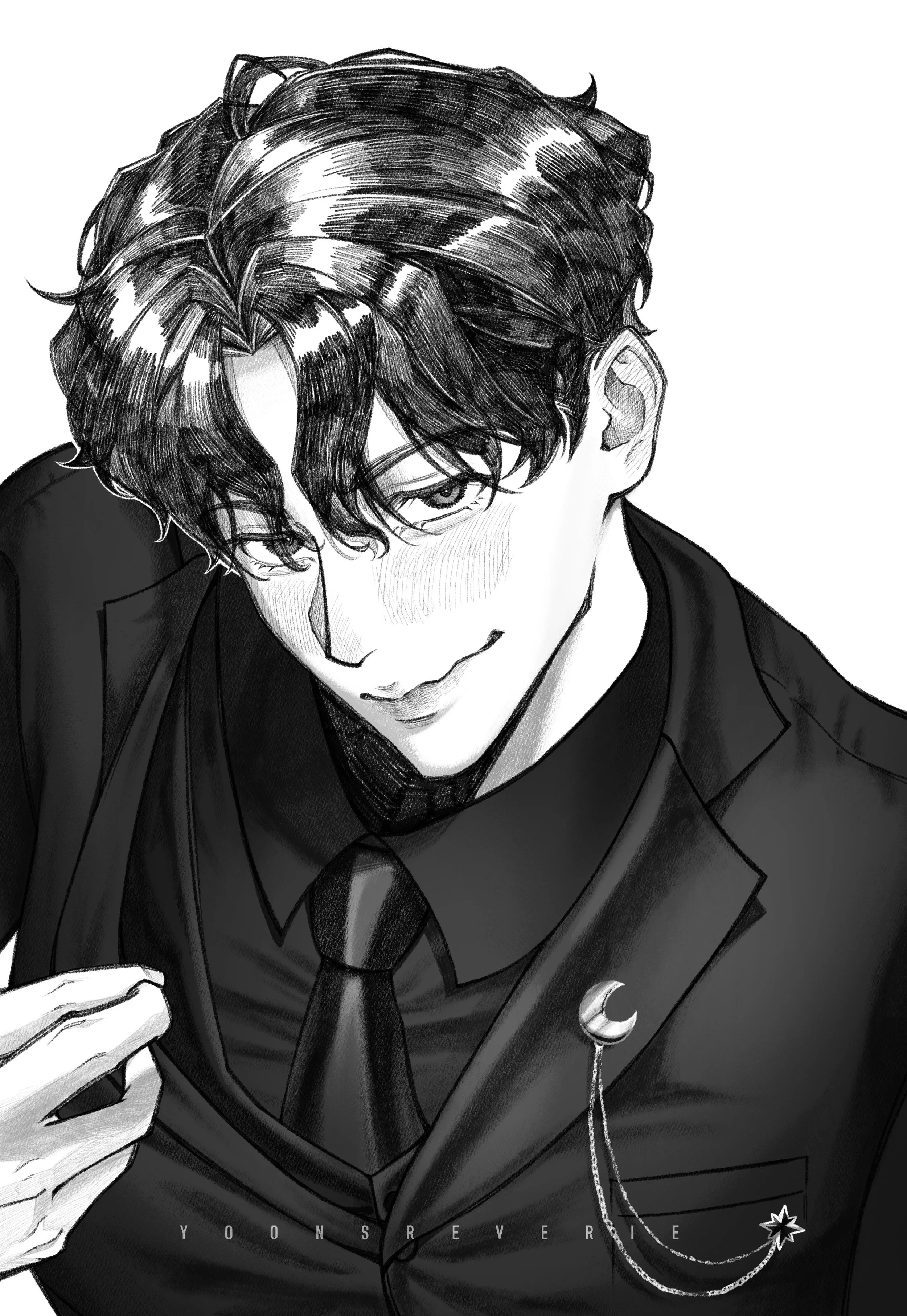 Black and white digital illustration of a young man with wavy hair, glasses, and a confident smile, wearing a suit with a moon-shaped pin and chains on the lapel.