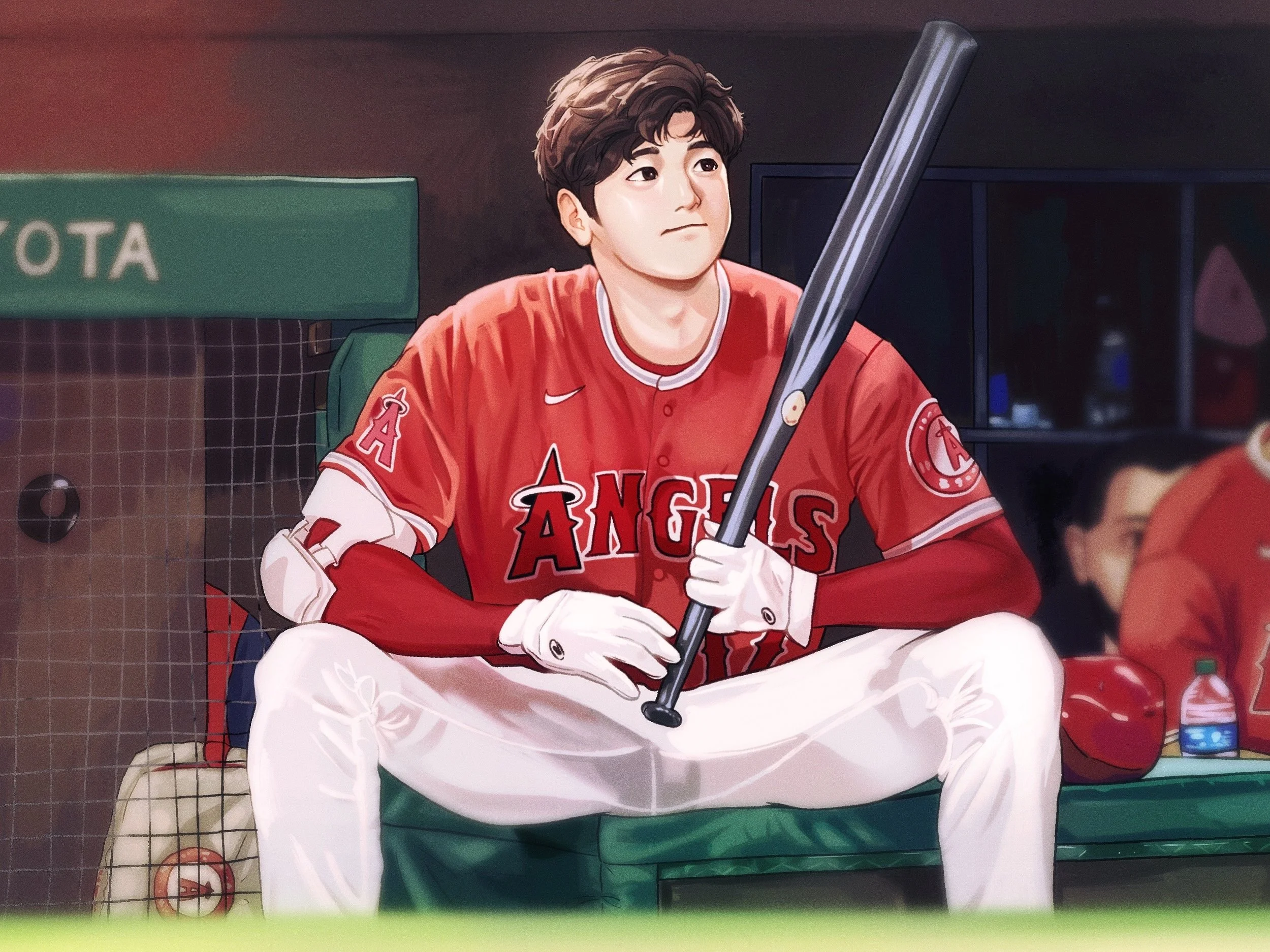 Illustration of a baseball player in Angels uniform sitting in the dugout with a bat, white pants, and red sleeve, holding the bat in front of him.