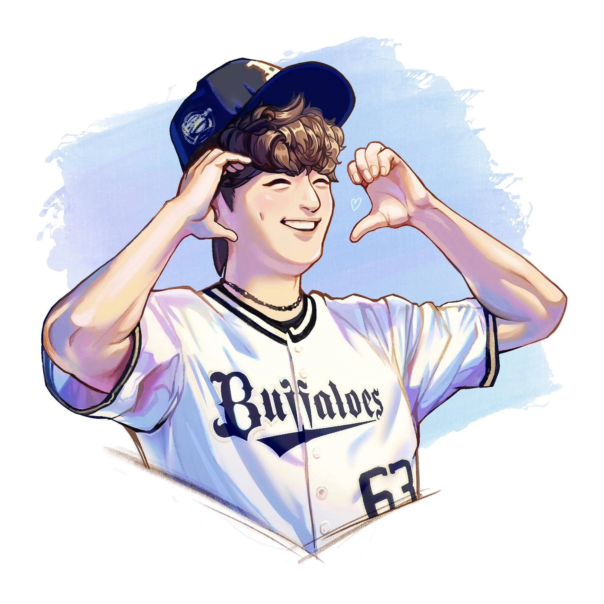 Illustration of a young man with curly brown hair wearing a baseball cap and a white baseball jersey with navy accents, smiling and making a playful gesture with his hands around his face, set against a blue watercolor background.
