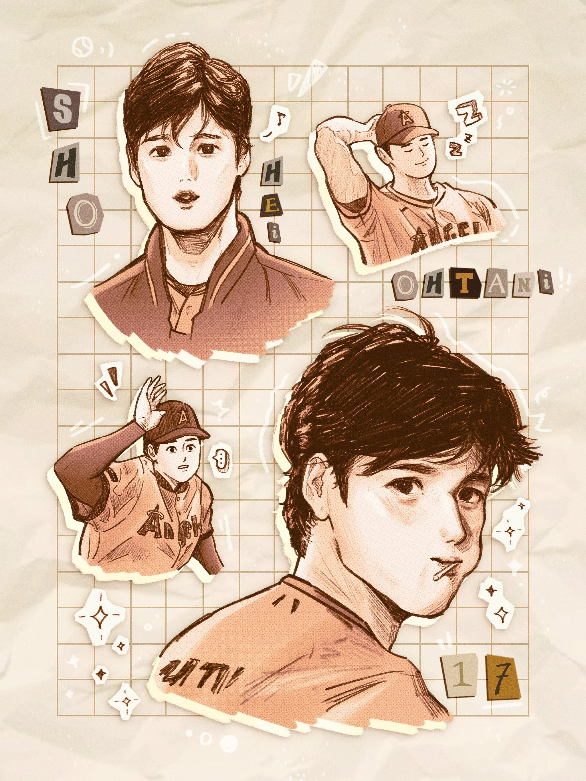 Digital collage featuring cartoon and photo portraits of three young men wearing baseball uniforms, with the name 'SHOE HEIL' and the number '17' displayed, complemented by stickers and decorative elements.