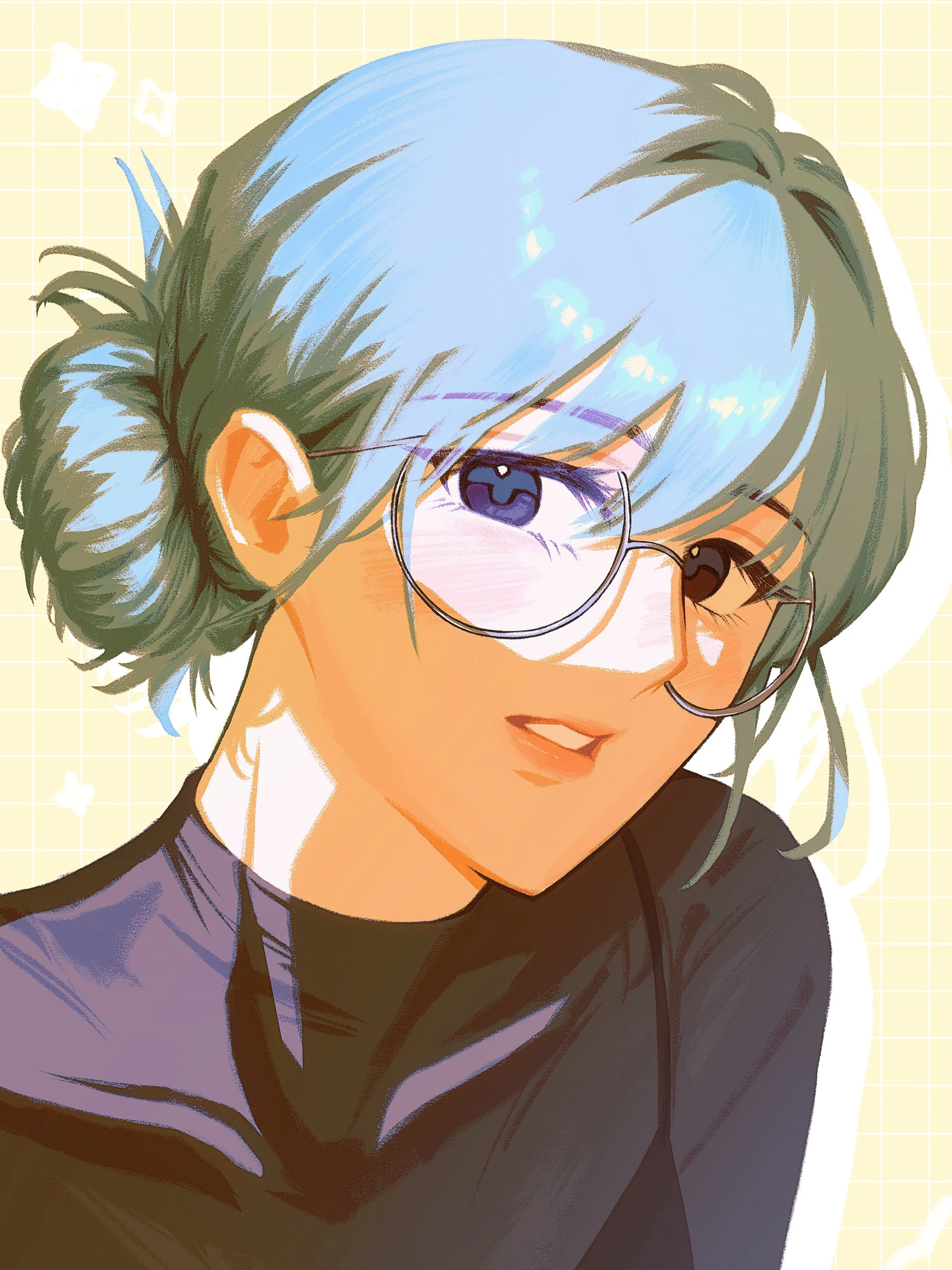 A digital illustration of a young person with short, wavy blue hair, wearing glasses with round frames, and a black shirt. The background is a light yellow with a grid pattern and small white star-like accents.