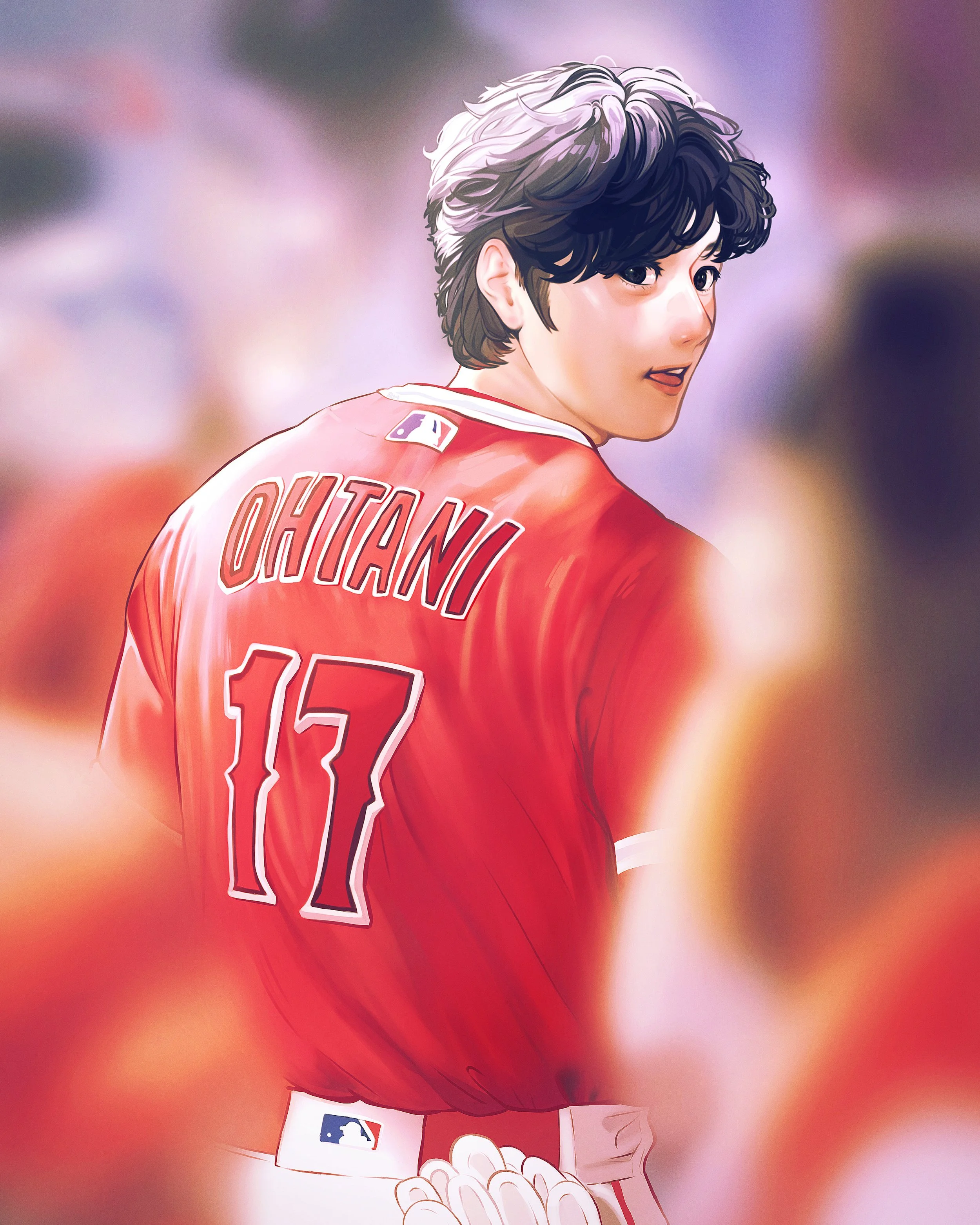 Digital illustration of a young man in a red baseball jersey with the number 17 and the name OHTANI on the back, looking over his shoulder against a blurred background.