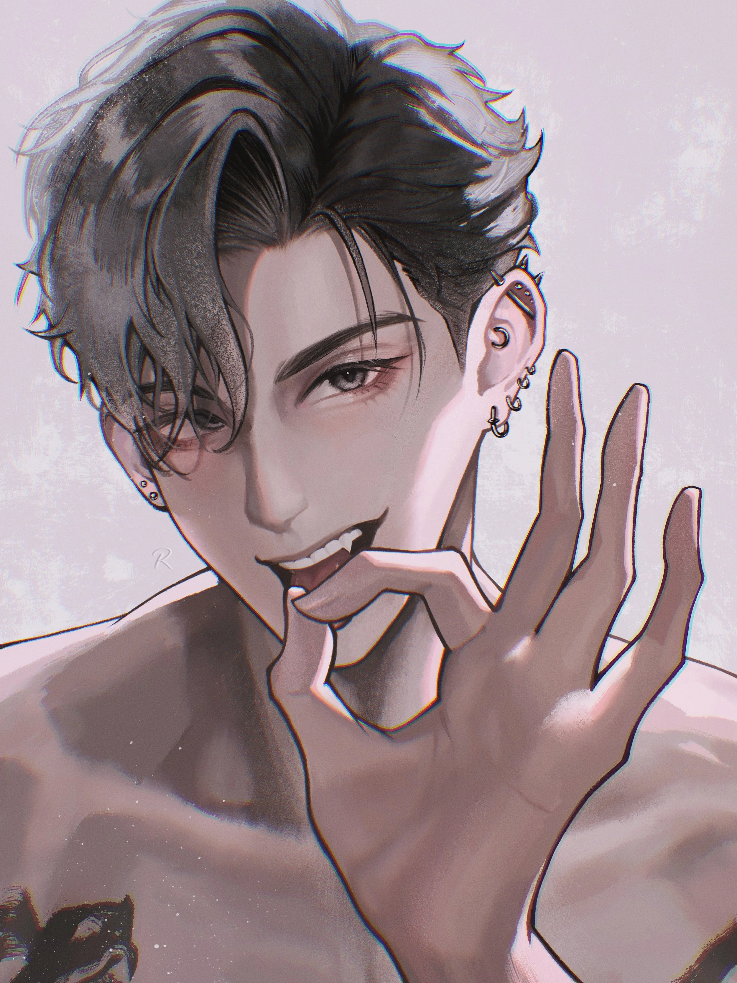 Digital illustration of a young man with dark, styled hair, multiple earrings, and sharp facial features, making a playful gesture with his hand near his mouth.