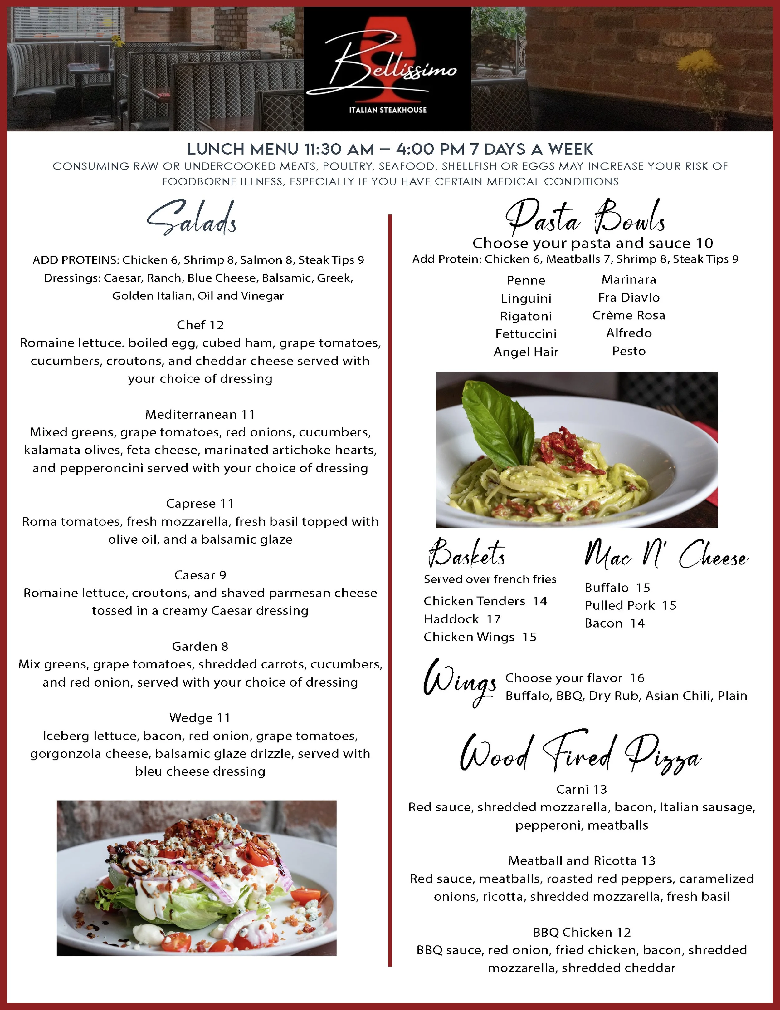 A restaurant menu featuring salads, pasta bowls, baskets, wings, wood-fired pizza, and desserts, with images of a salad and a pizza on the menu.