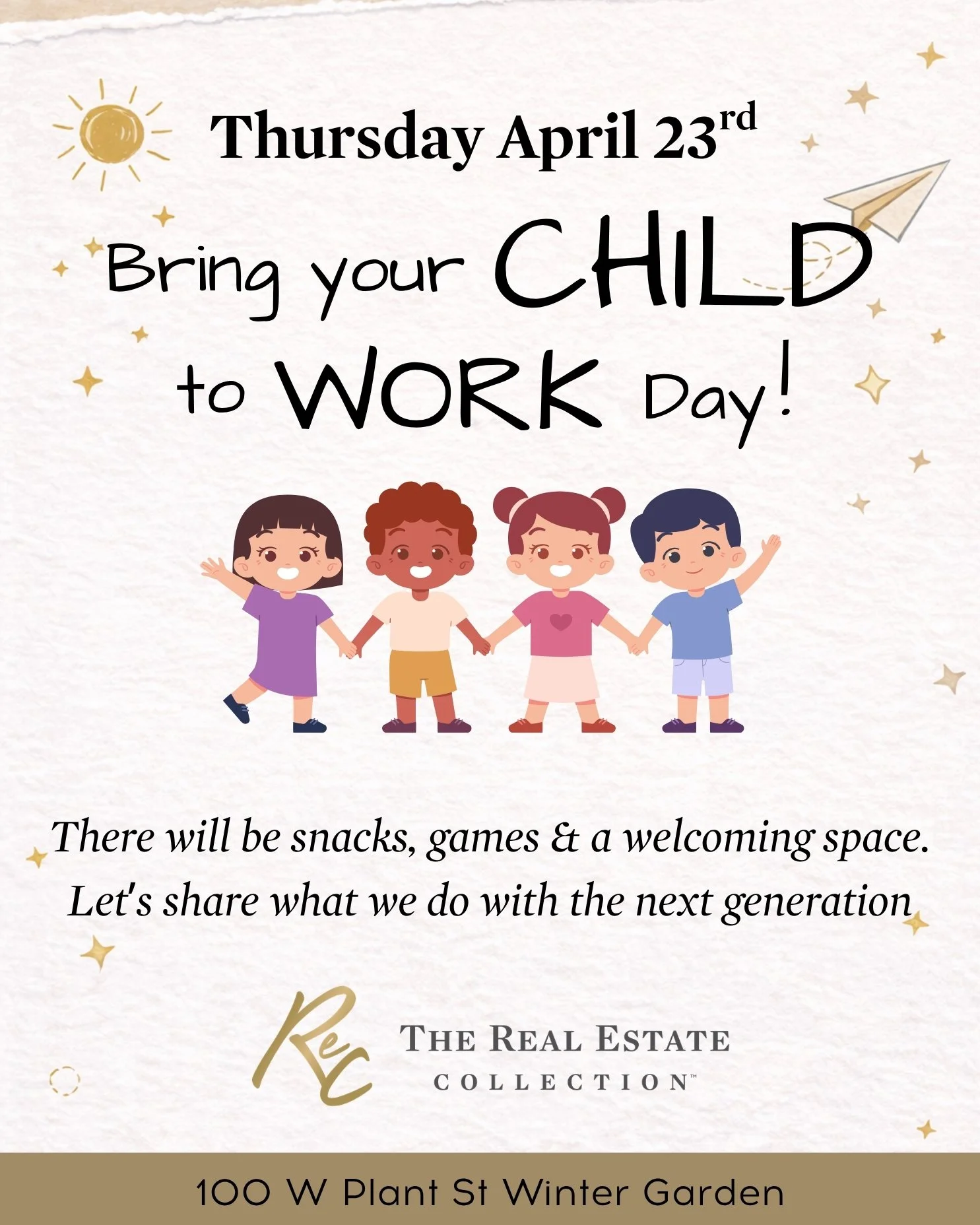 Invitation for a 'Bring your child to work' day event on Thursday, April 23rd, featuring a cartoon illustration of four children holding hands, with a sun, stars, and a paper airplane. The event mentions snacks, games, and a welcoming space, organize