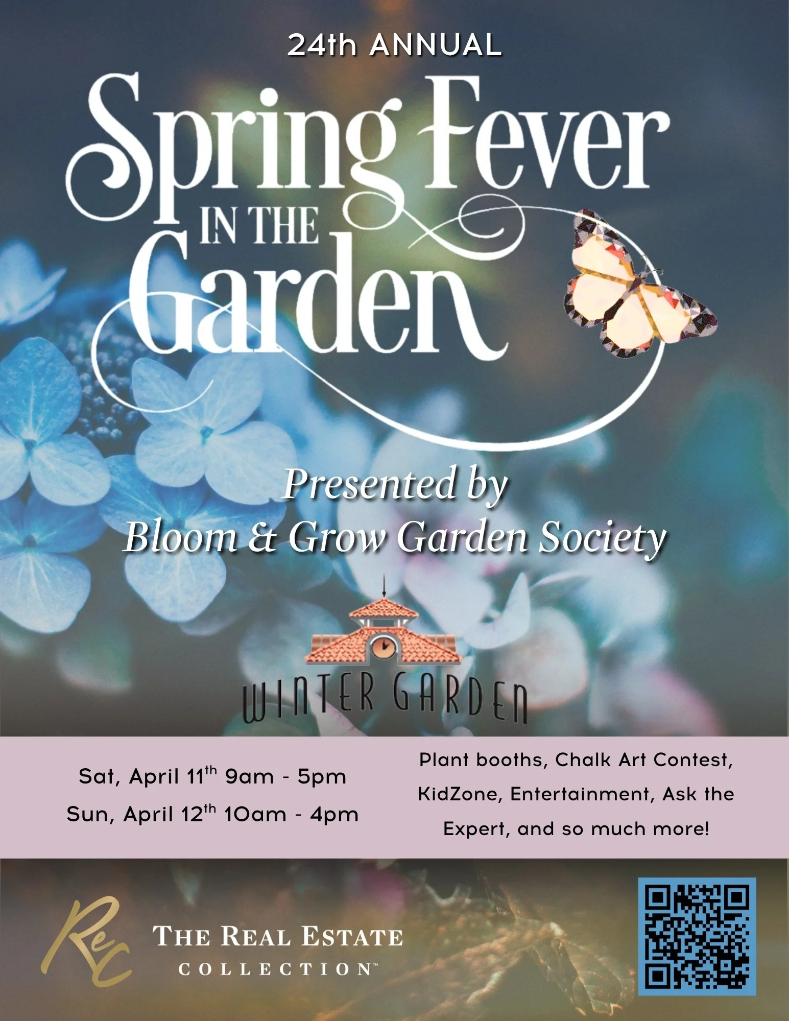 Invitation or poster for the 24th Annual Spring Fever in the Garden event, presented by Bloom & Grow Garden Society, with dates and activities listed, featuring blue hydrangea flowers, a butterfly graphic, and a QR code.