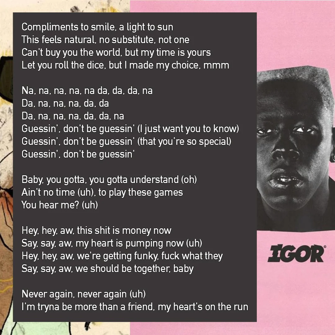 A black and white photo of a young man with short hair and earrings, with a pink background, next to a pink section that has text and the name 'IGOR' at the bottom.