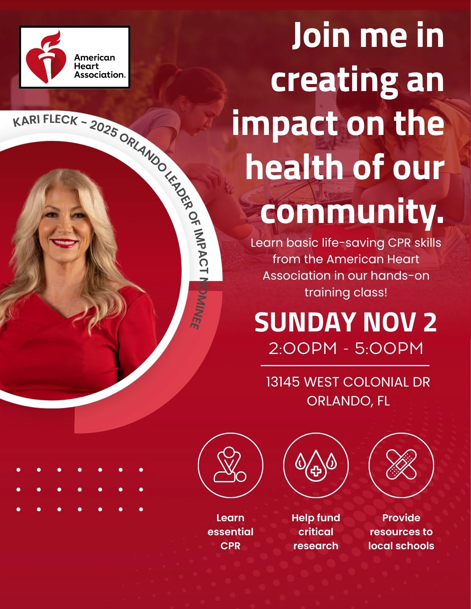 Flyer promoting a CPR training event hosted by the American Heart Association, featuring a photo of a smiling woman in red, event date Sunday, November 2, from 2:00 PM to 5:00 PM at 13145 West Colonial Drive, Orlando, FL, with icons representing CPR,
