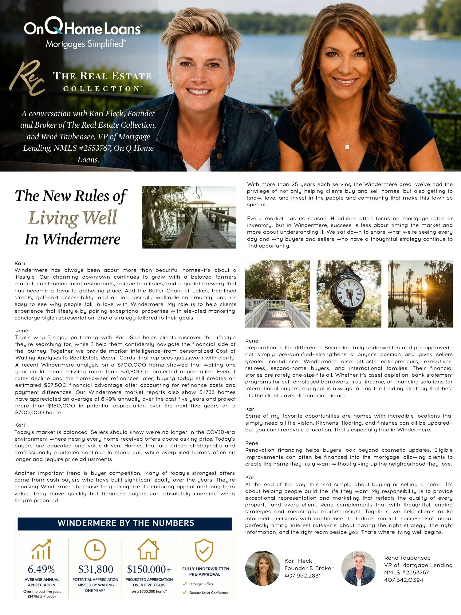 Two women smiling outdoors near a body of water with trees in the background, one with short gray hair and the other with long reddish-brown hair. The image appears to be part of a promotional flyer for On Q Home Loans, featuring text about real esta