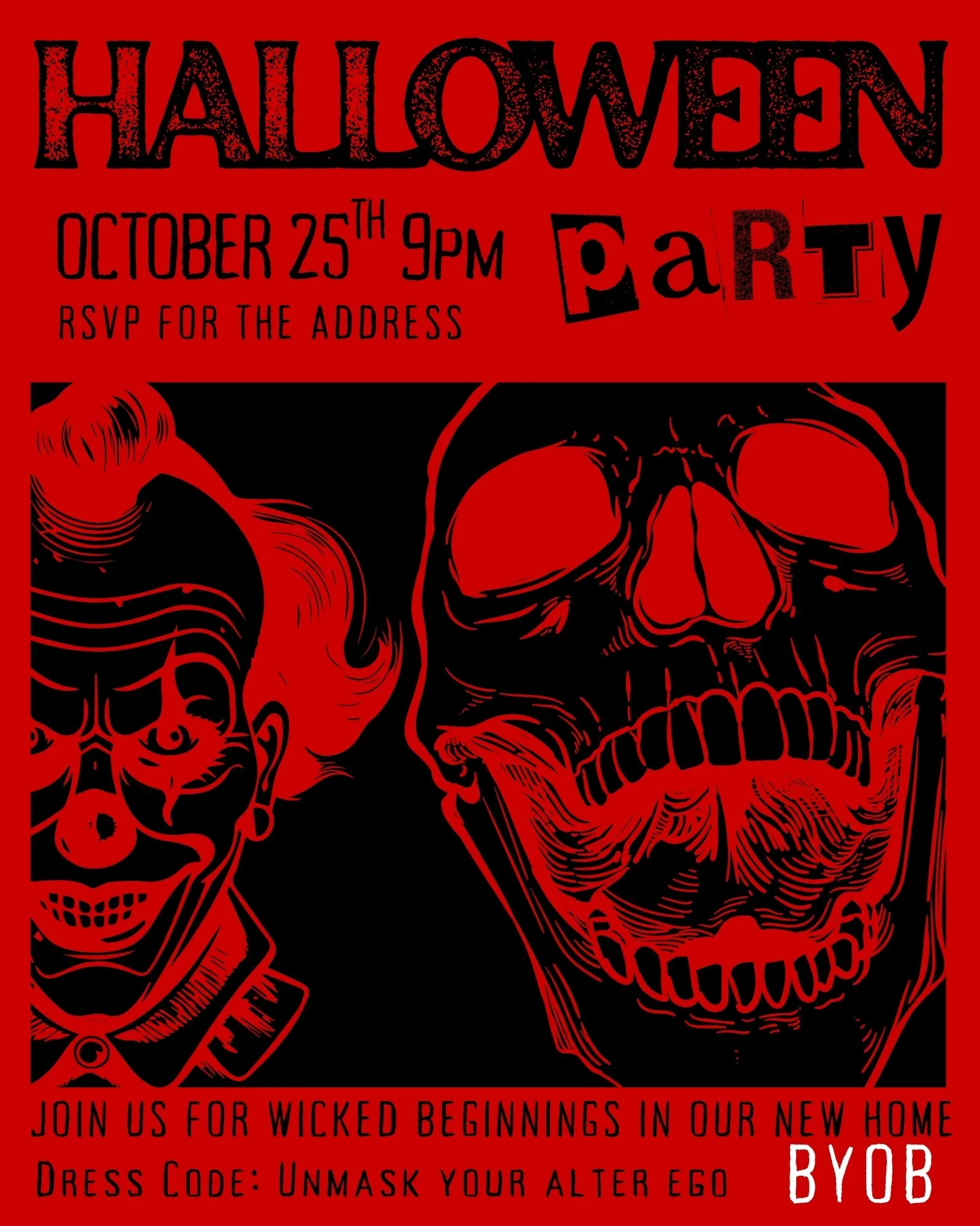 Red Halloween party invitation featuring black illustrated skulls and skeletons, with event details and a dress code for an event on October 25th at 9 PM.