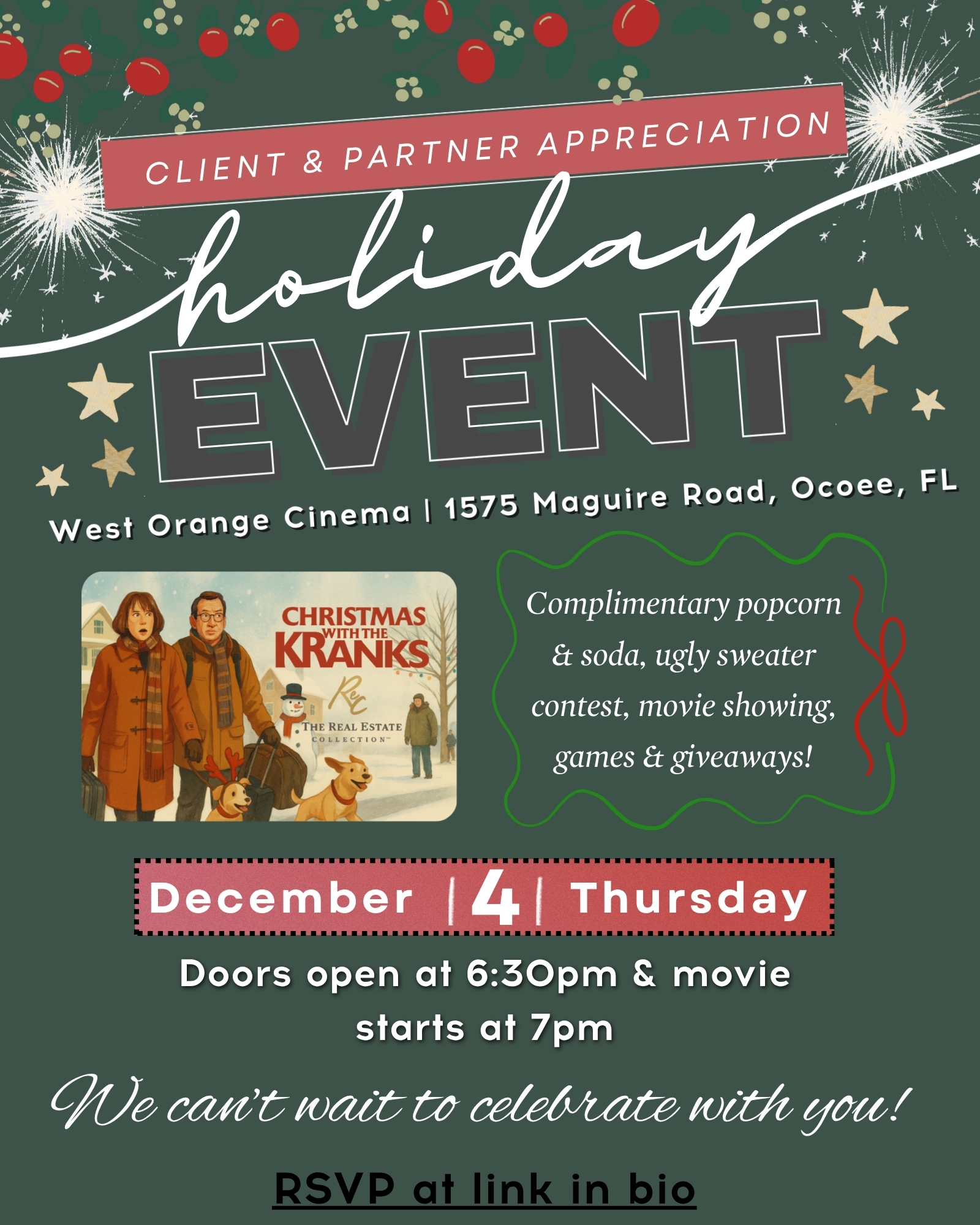 Invitation poster for a holiday event featuring fireworks, holly, stars, and a Christmas movie screening, scheduled for December 4th at the West Orange Cinema in Ocoee, Florida, with details about event activities, timings, and RSVP link.