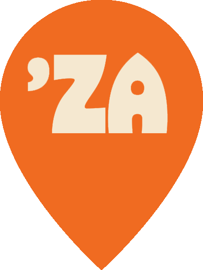 An orange map pin with the text "'ZA" in large, white letters.