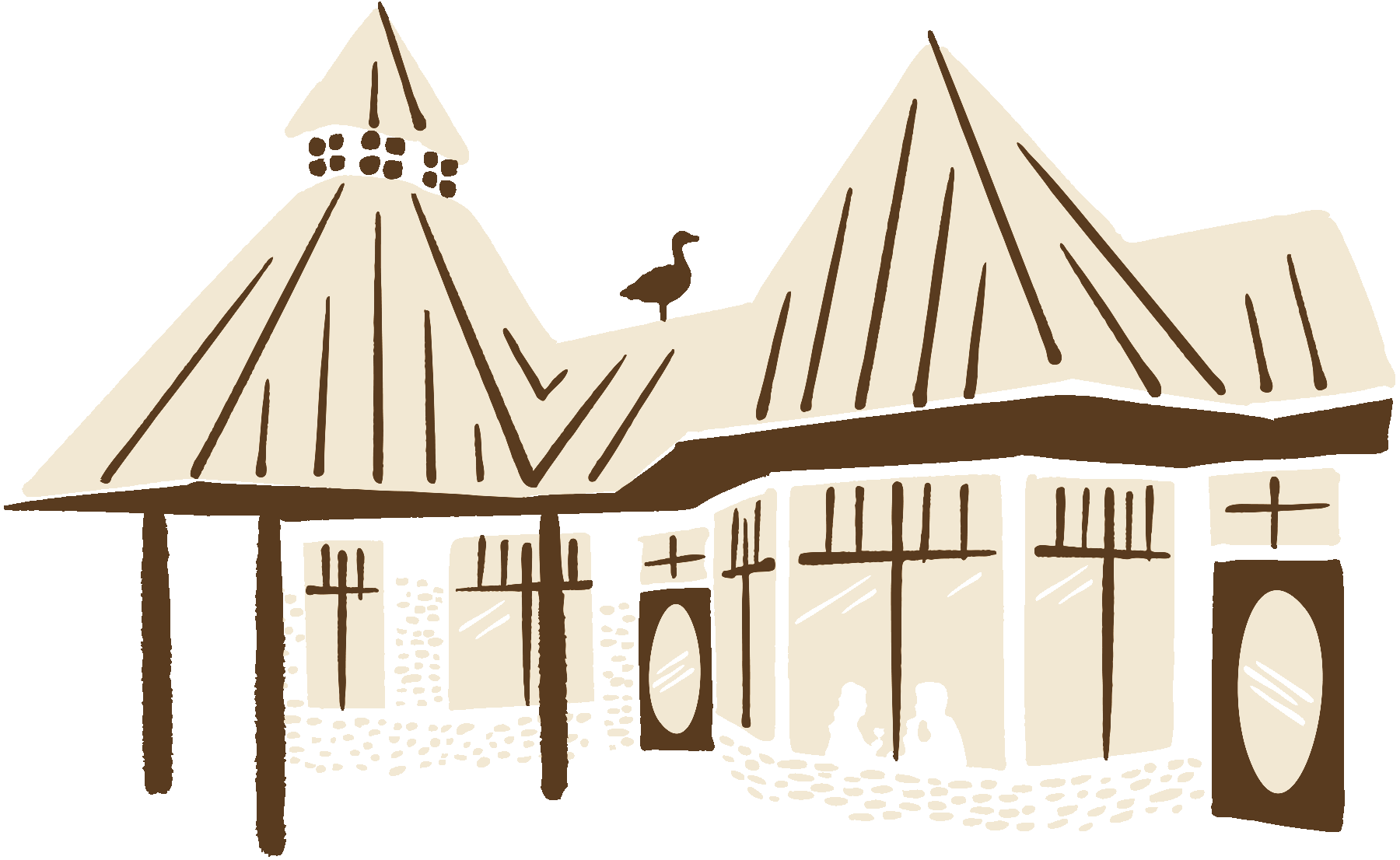 Drawing of a building with a wooden exterior, multiple large windows, a stone foundation, and an overhanging roof, with a person sitting inside visible through the windows, and a bird on the roof.