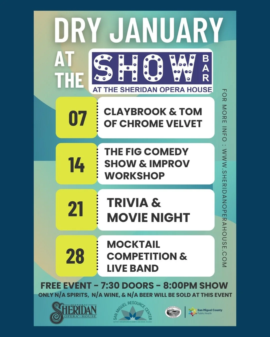 Doing a Dry January? Interested in the budding industry of non-alcoholic beverages? Looking for a fun night out in a non-drinking environment?

Join SMRC and the Sheridan ShowBar for a series of Sober Socials every Wednesday in January. 

It's not ab