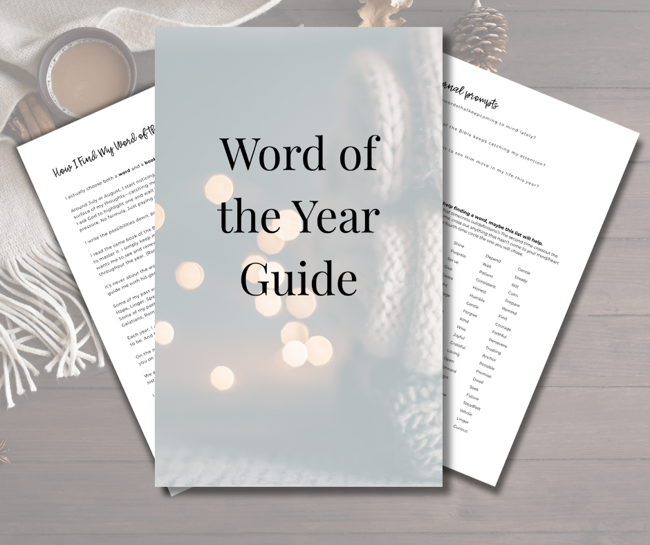 Cover page of a guide titled "Word of the Year Guide" with blurred background showing Christmas lights, pinecones, a mug of coffee, and a white knitted item