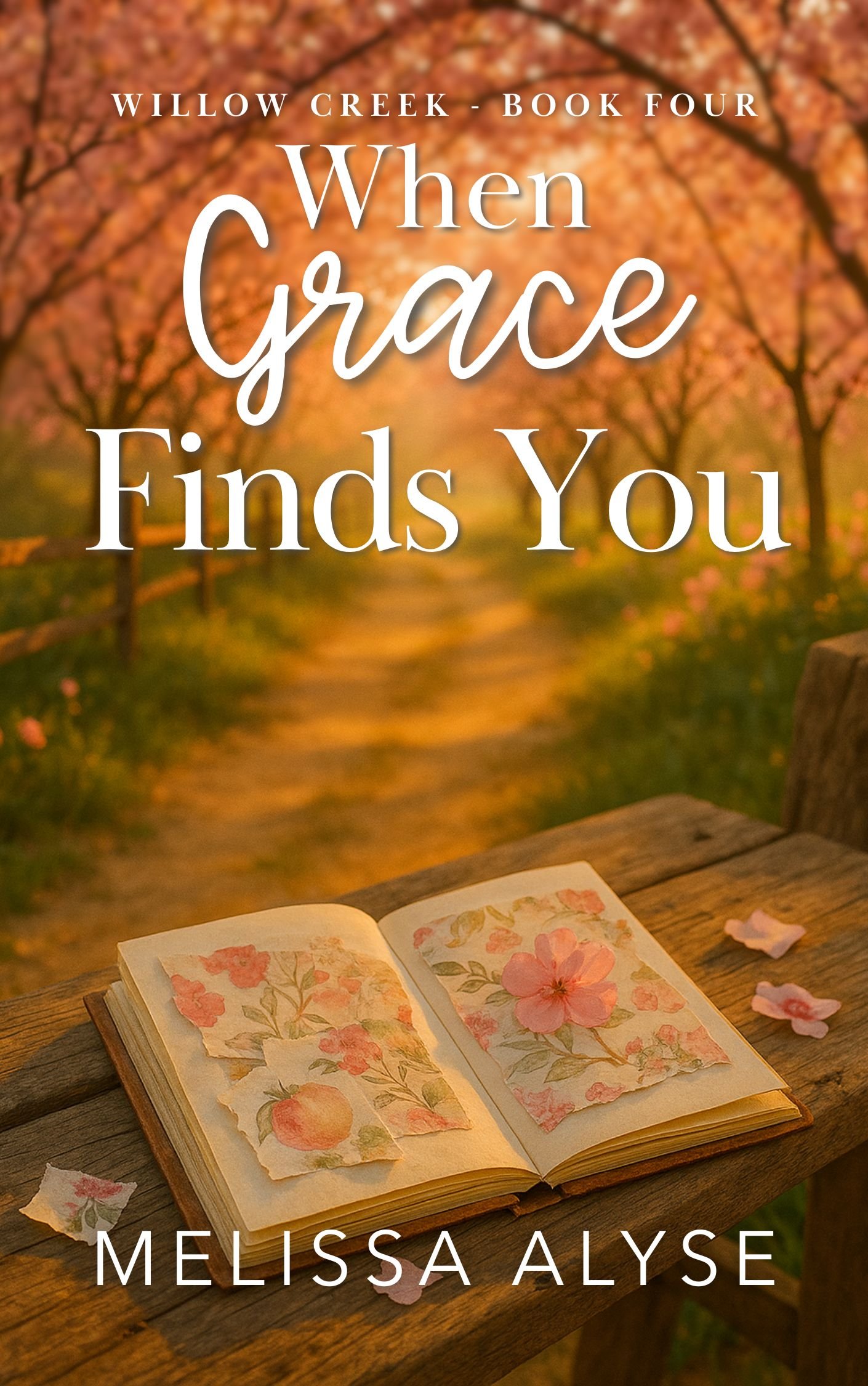 Book cover titled 'When Grace Finds You' by Melissa Alyse. The background features a pathway through a park with trees displaying pink and peach blossoms. An open journal with floral artwork is on a wooden bench, with flower petals scattered around.