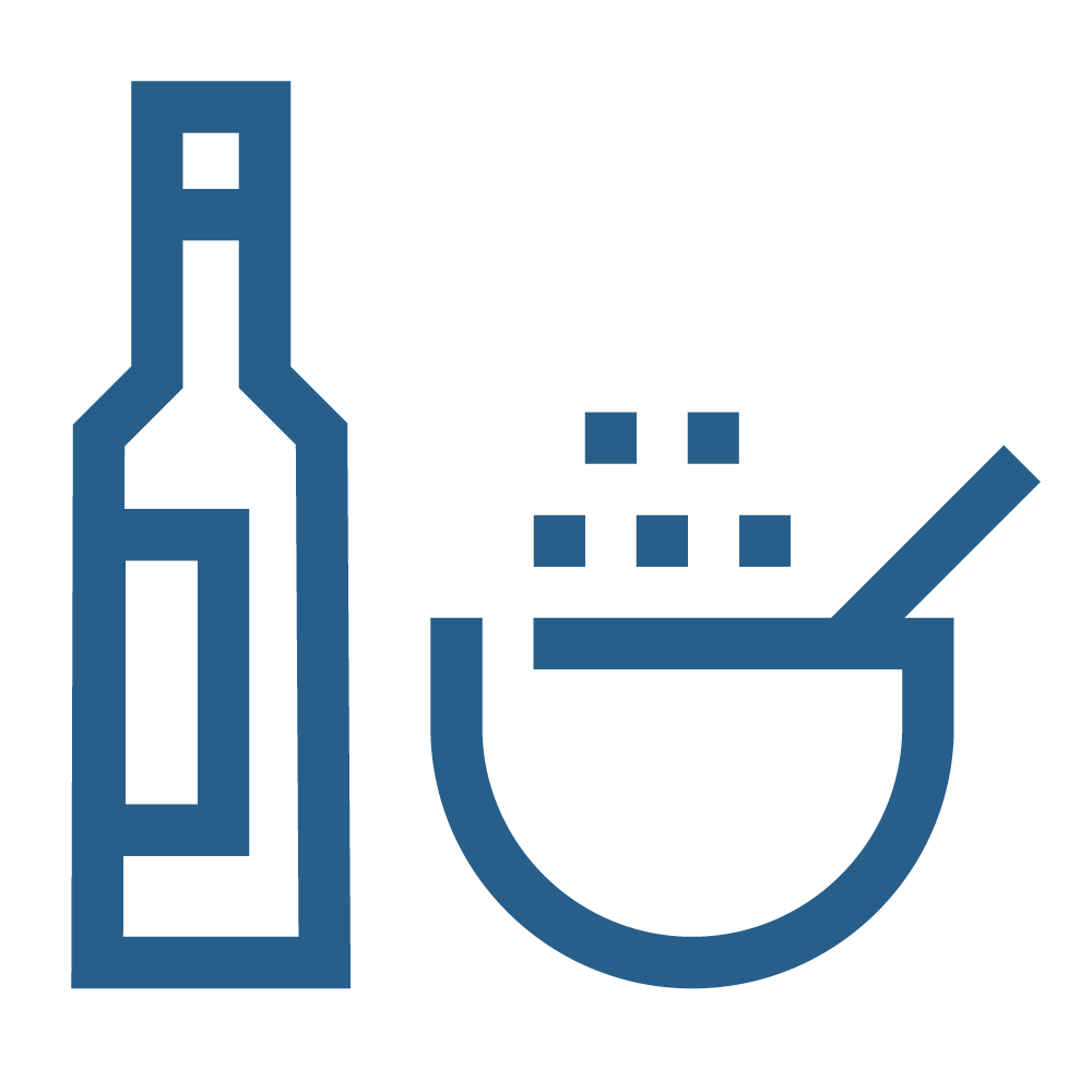 Outline of a bottle and a bowl with a spoon, indicating wine and food in a minimalistic style.