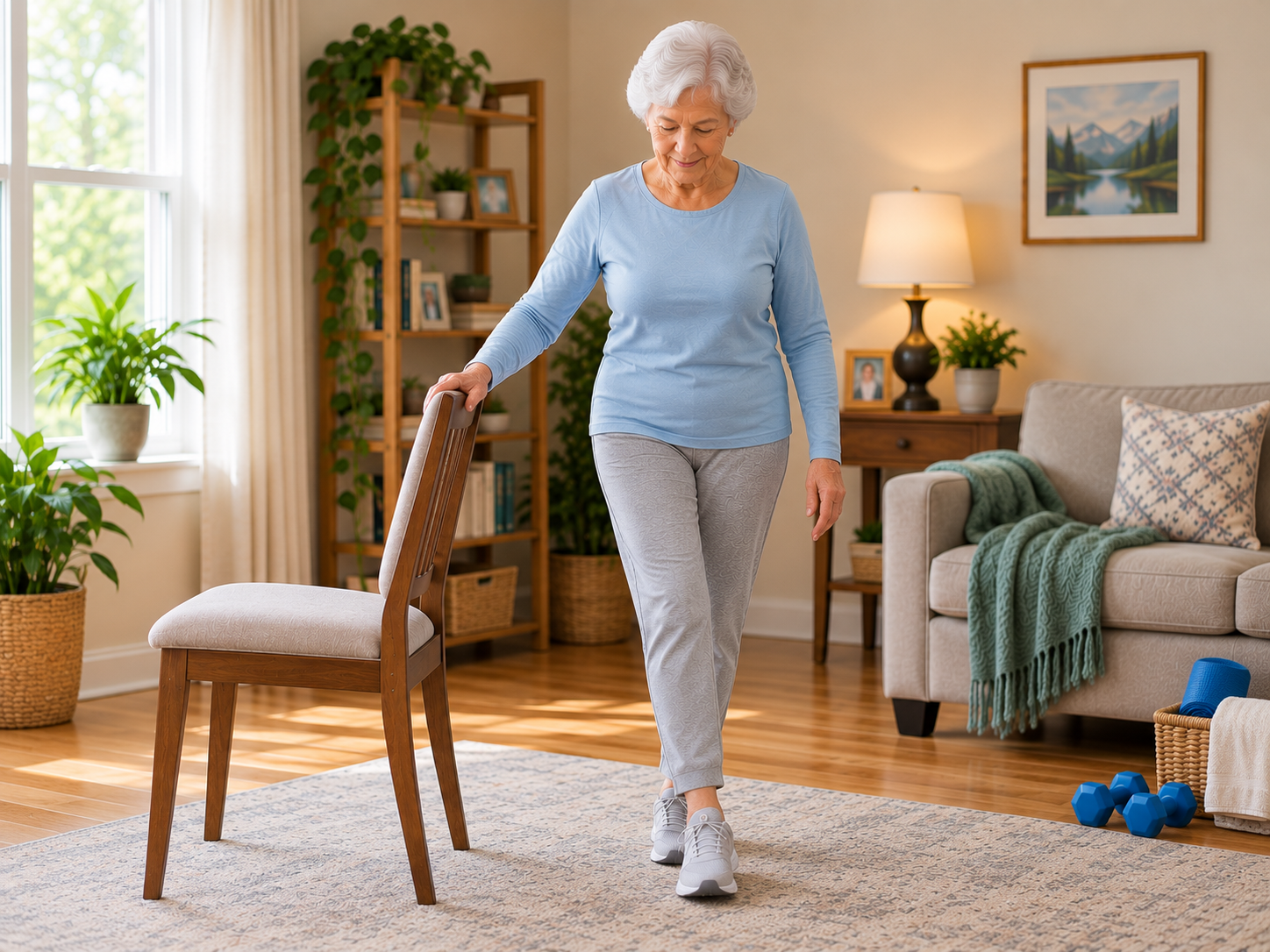 Senior’s Cozy Living Room Balance Exercise