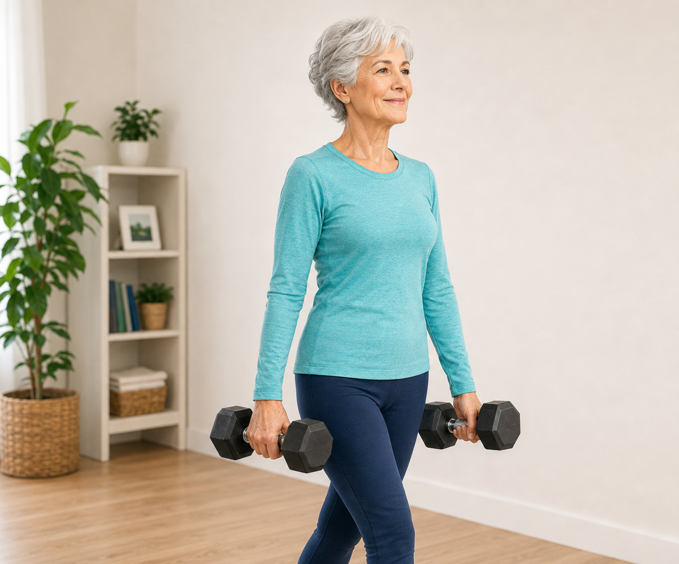 Silver-haired woman’s home dumbbell walk