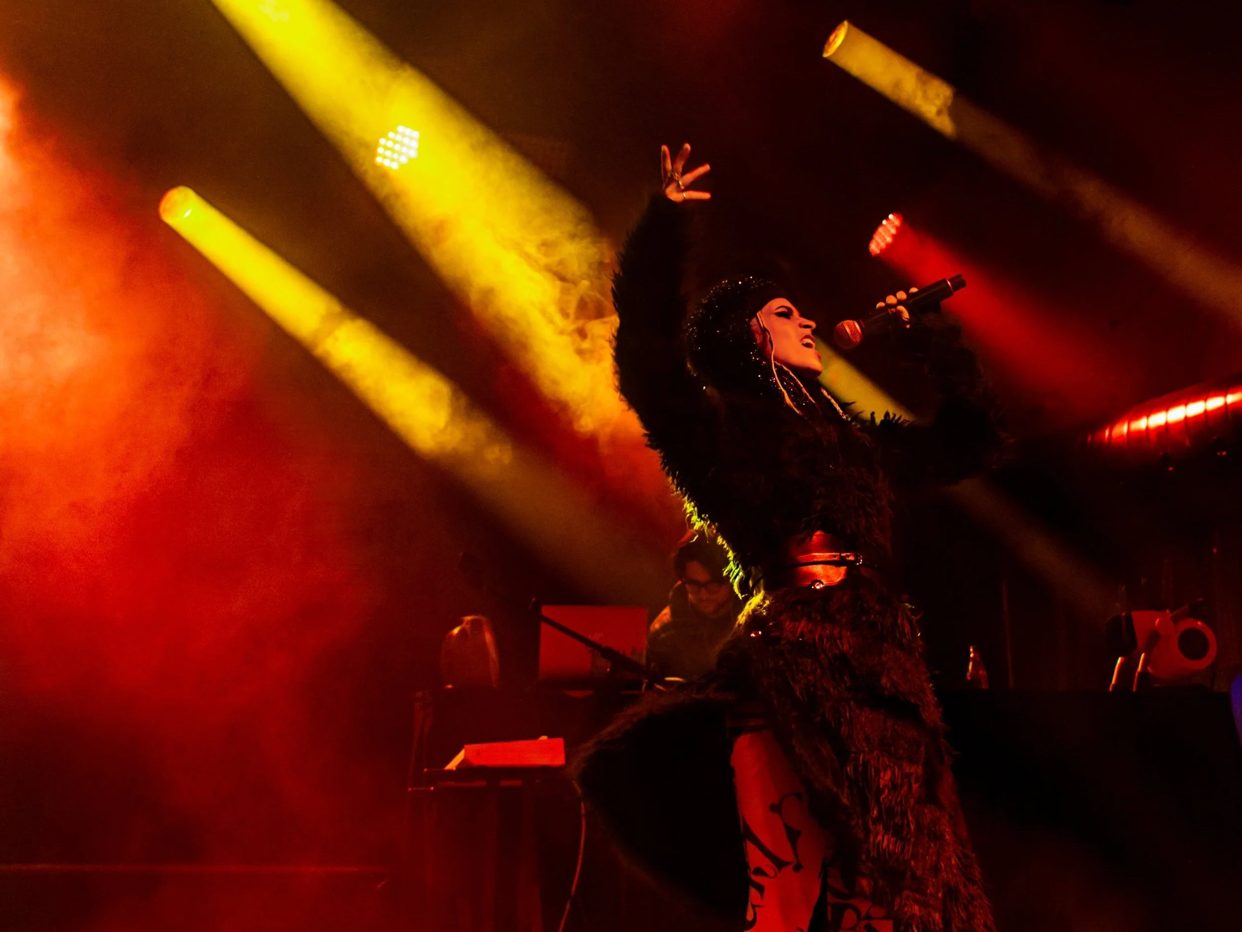 Une chanteuse performe en scène avec des lumières colorées, portée par une atmosphère de spectacle, portant un costume extravagant et tenant un micro.