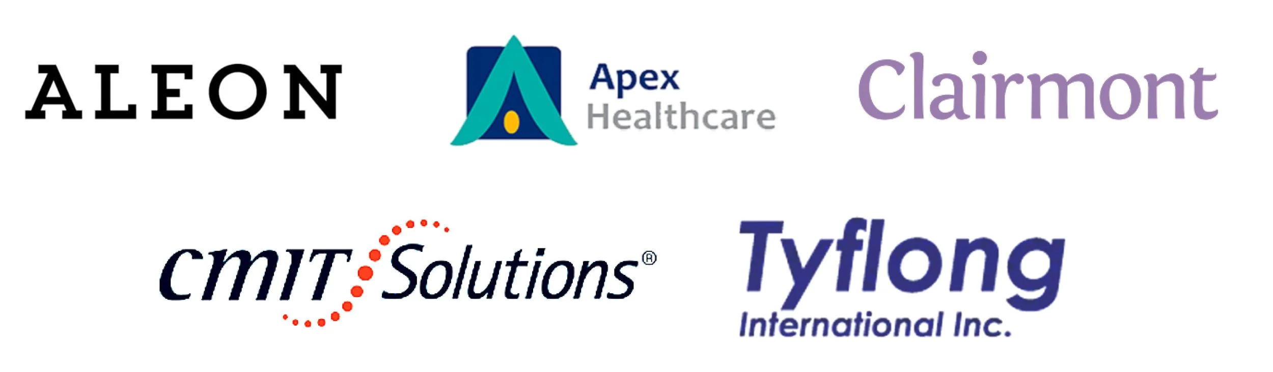 Logos of Aleon, Apex Healthcare, Clarmont, CMT Solutions, and Tyflong International Inc.