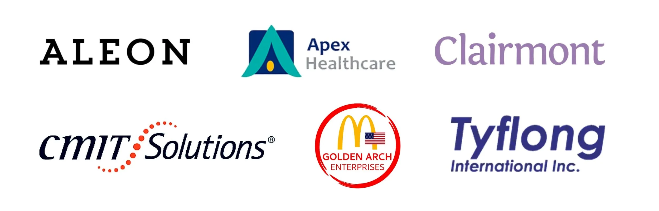 Sponsors of the Swan International Music Festival. The top row features logos for Aleon, Apex Healthcare, and Clairmont. The bottom row includes logos for CMIT Solutions, Golden Arch Enterprises, and Tyflong International Inc.