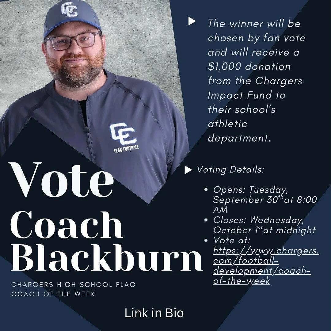 We are so honored to have one of our amazing coaches in the running for Chargers High School Flag Coach of the Week. Make sure to VOTE NOW!