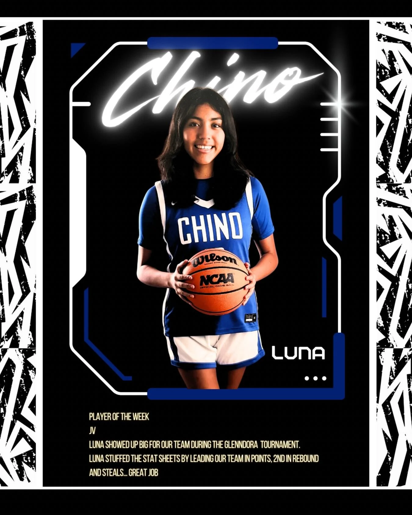 Our Girls JV Basketball player of the week during break! Great job Luna!