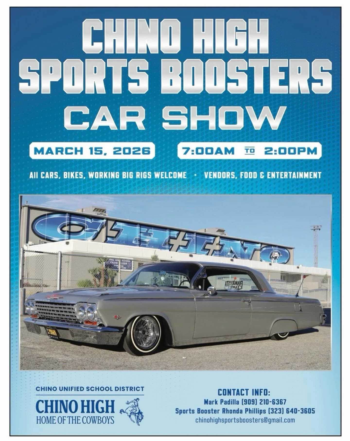 We want to thank all our amazing Sponsors for their support as we kick off our 1st Annual Chino High is Car Show Fundraiser. Our T-Shirt is final so come grab one Sunday March 15, 2026 at this FREE community event. Meet us in our student parking lot 