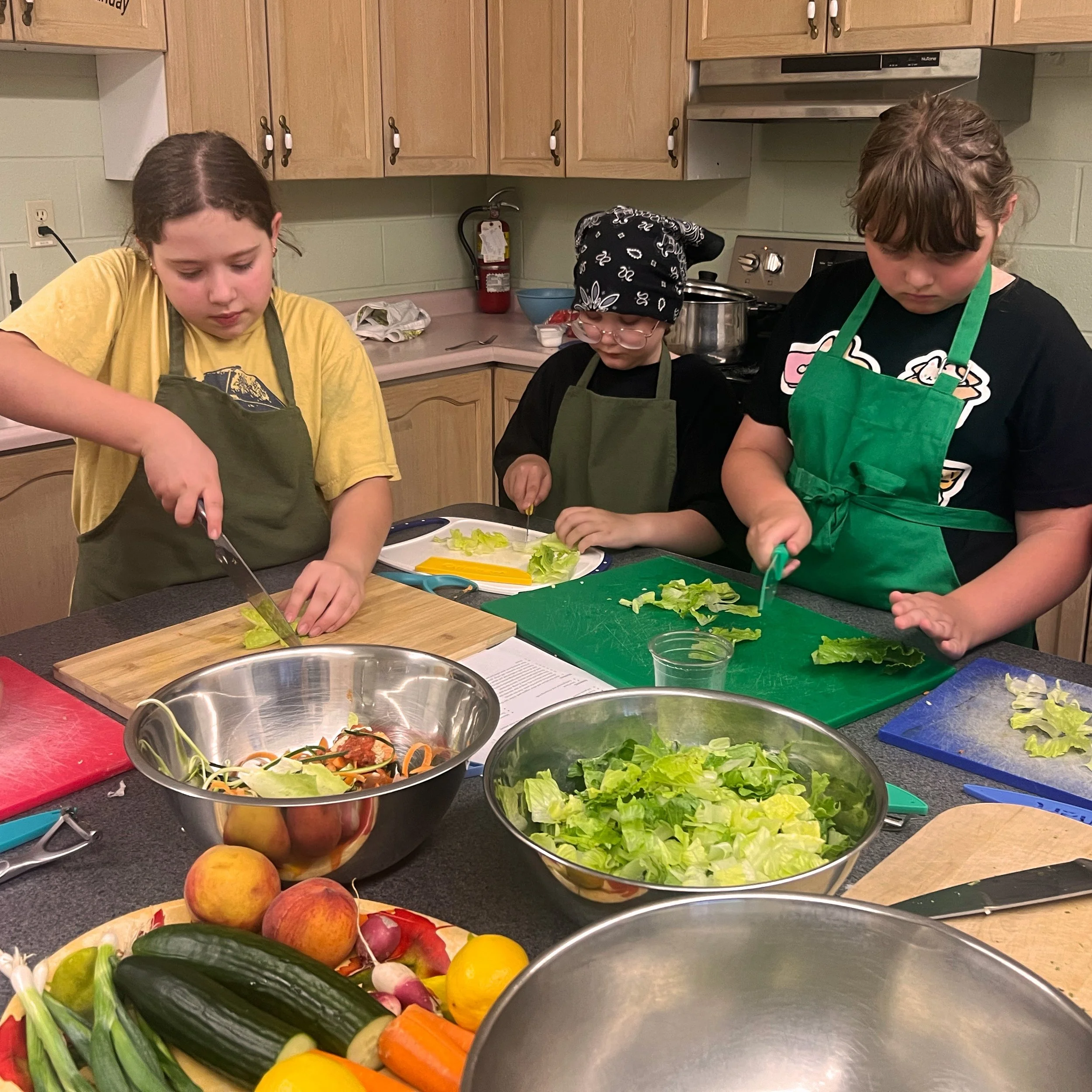 Roasted veggies, salads and sides. Kids learn the basics of veggie roasting and the ease of salad assembly. Their favourite part - the dressings!
