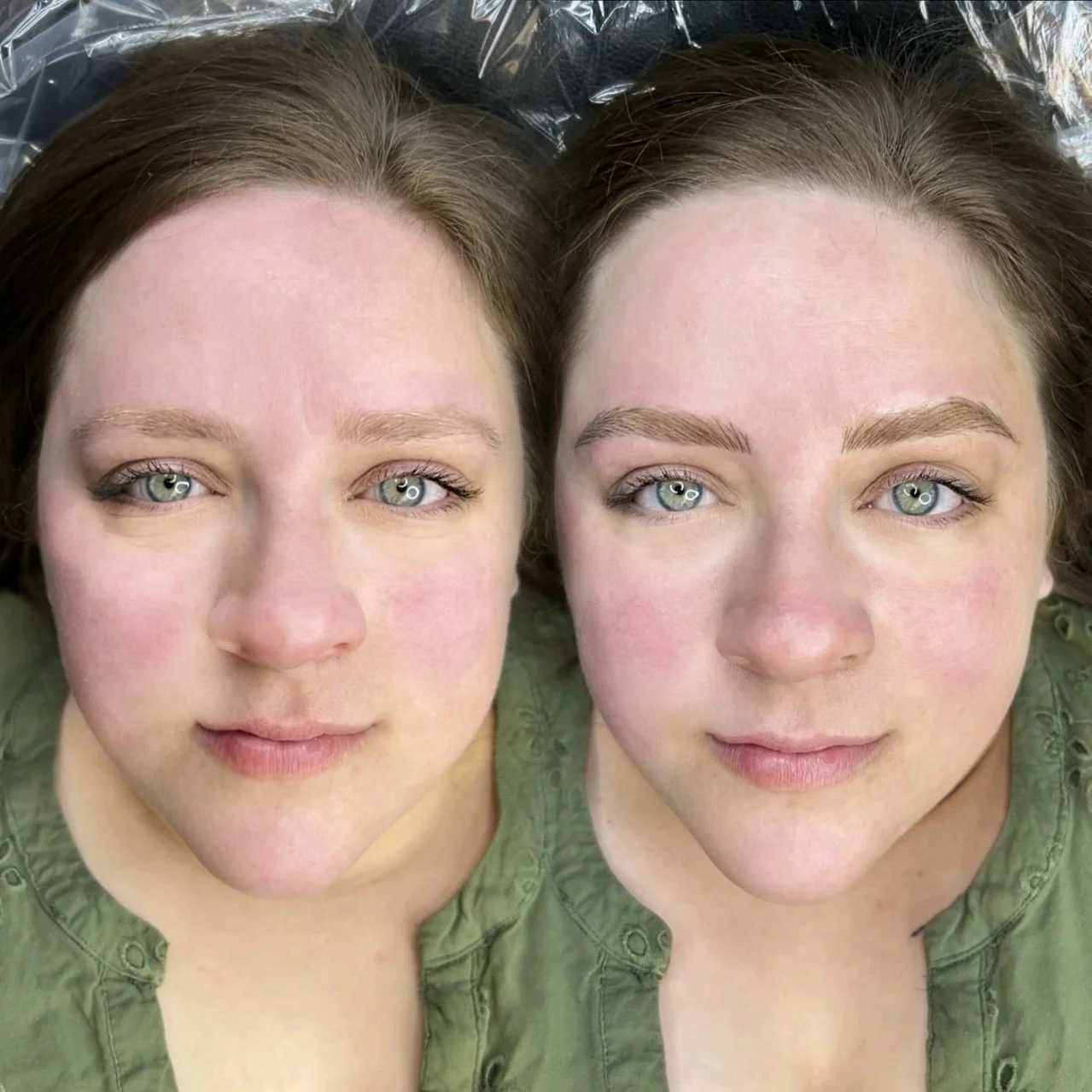 Close-up of a woman's face with one eye winking, before and after makeup application, with natural skin tone and green shirt.