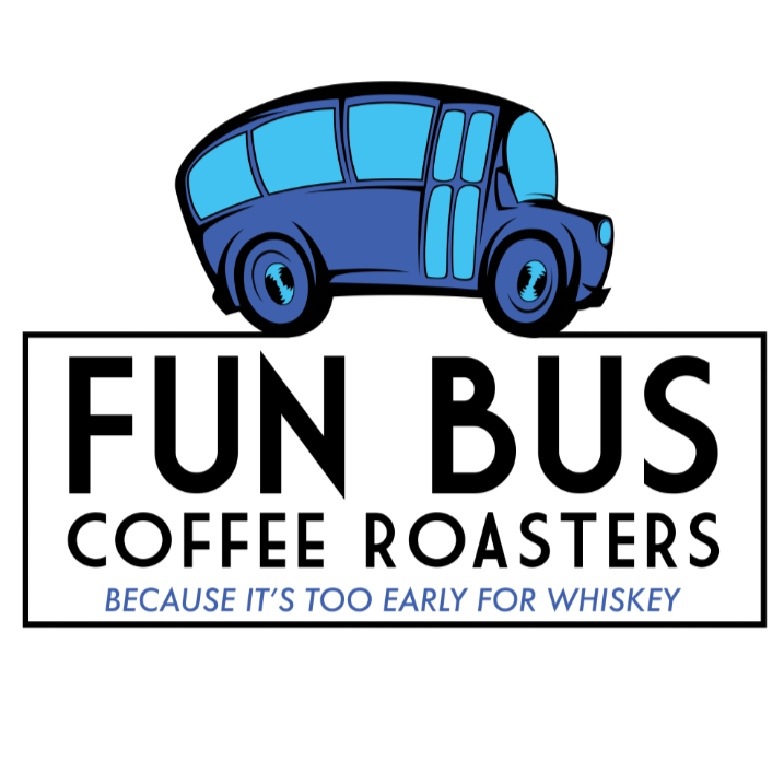 Logo for Fun Bus Coffee Roasters featuring a cartoon blue bus with large windows and the text 'FUN BUS COFFEE ROASTERS' and the tagline 'Because it's too early for whiskey'.