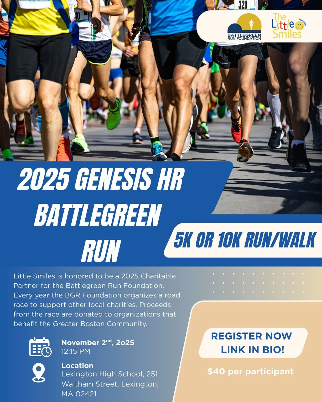 Run for a cause! 🏃&zwj;♀️💛 Join us on November 2nd for the 2025 Genesis HR Battlegreen Run, a 5k or 10k run/walk supporting Little Smiles and other local charities!

This year Little Smiles is proud to be a 2025 Charitable Race Partner, join our te