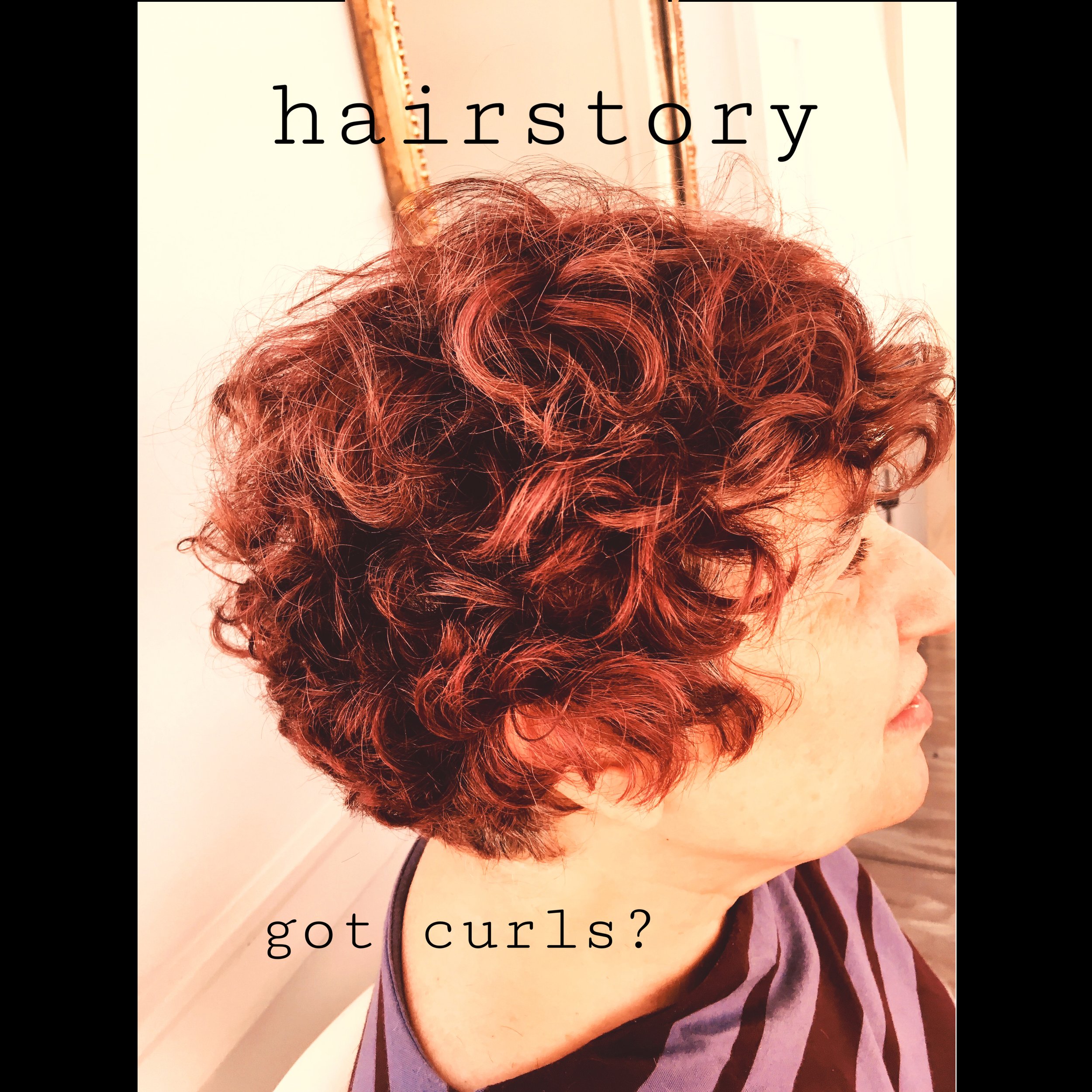 Side view of a woman with short, curly, reddish-brown hairstyle, with text overlay asking if she got curls.