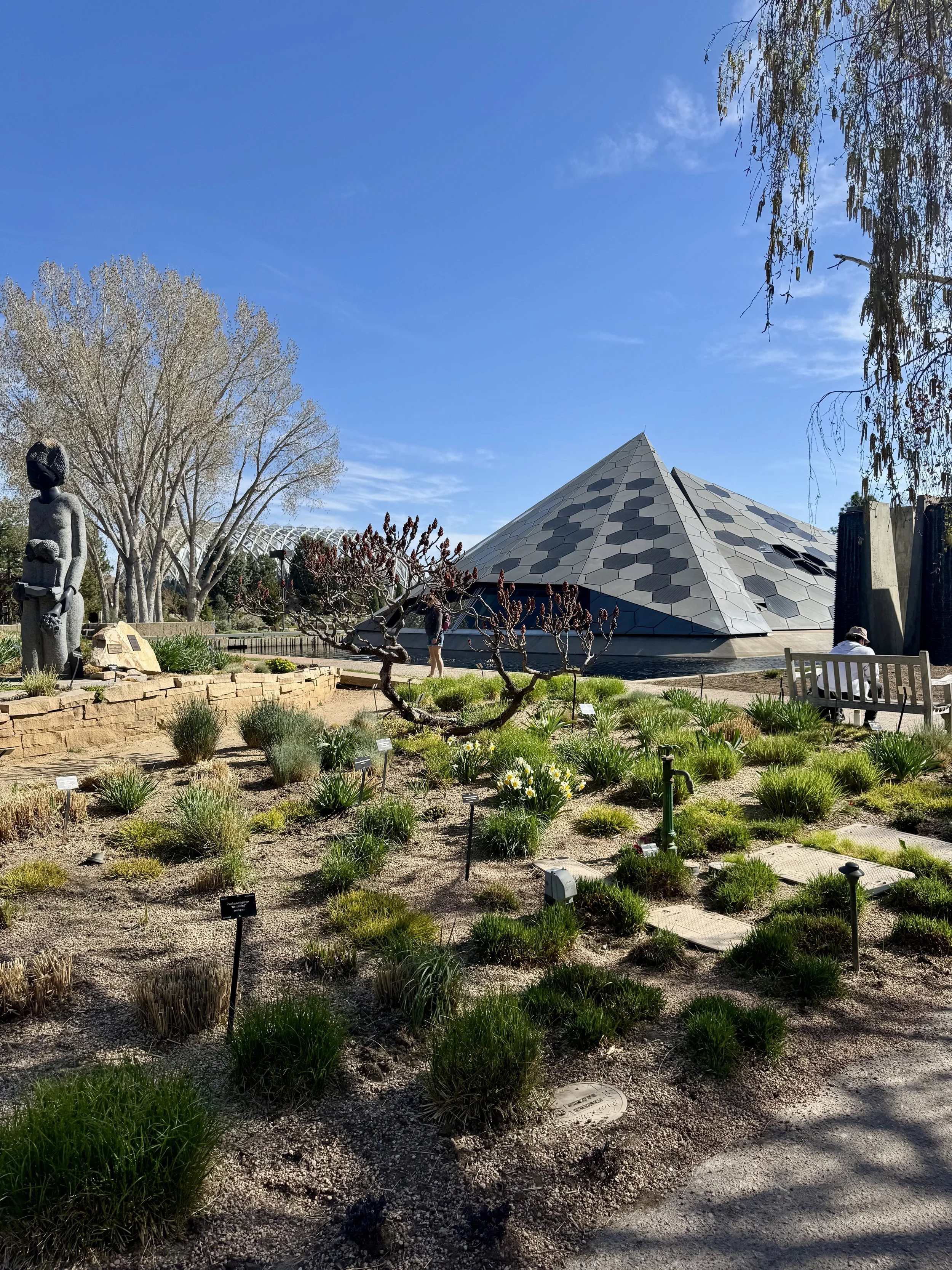 A garden with various plants and small signs, a modern geometric building in the background, and a person sitting on a bench to the right, under a clear blue sky.