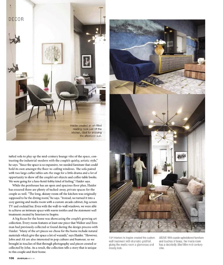 Interior images of modern living rooms with stylish furniture, artwork, and lighting, showcasing contemporary decor and design elements.