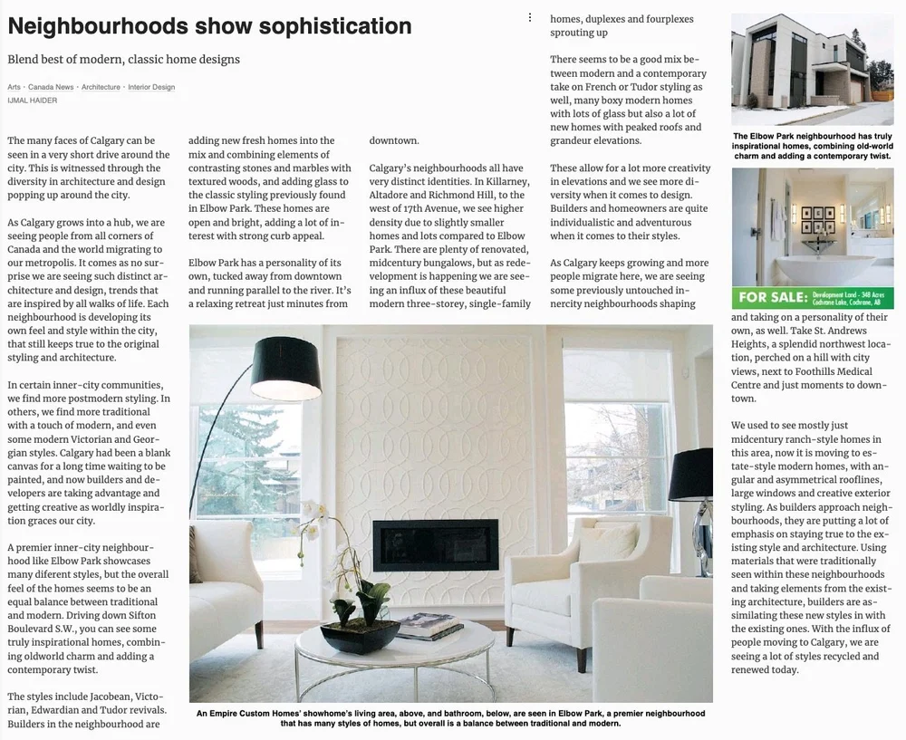 A magazine article titled "Neighbourhoods show sophistication" discussing modern Calgary home designs, featuring an interior photo of a living room with white armchairs, a round coffee table with a plant, a fireplace, and two windows, with a section of an advertisement for homes for sale.