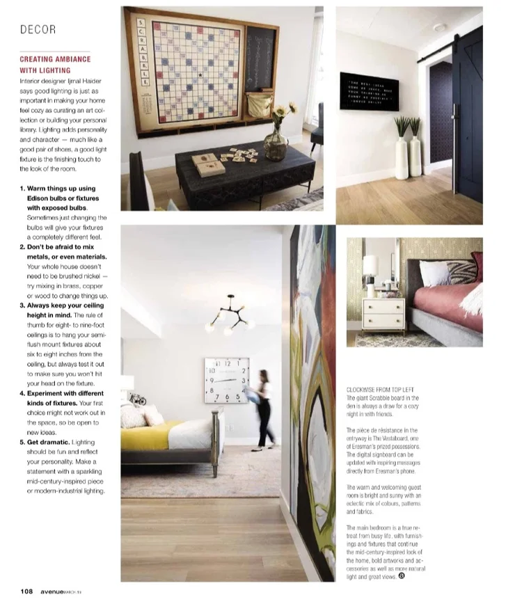 A four-photo collage showing interior home decor. Top left: a cozy corner with a chessboard on the wall, a black table, and flowers. Top right: a white wall with a black sign and white vases with greenery. Bottom left: a bright room with a woman walking, a yellow sofa, and a large clock on the wall. Bottom right: a bedroom with a pink bed, white nightstand, and patterned wallpaper.