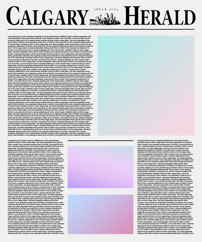 A newspaper page from the Calgary Herald featuring the newspaper's title and logo at the top, with three large colored blocks (blue, purple, and pink gradient) and dense text columns surrounding and below the blocks.