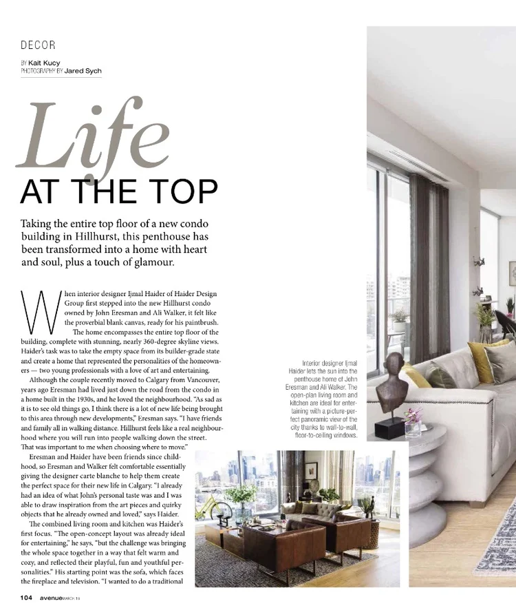 Avenue Magazine article titled "Life at the Top" featuring interior design of a modern living room with large windows, neutral sofas, and cityscape views. The page includes text about transforming a penthouse in Hillhurst with artful interiors.