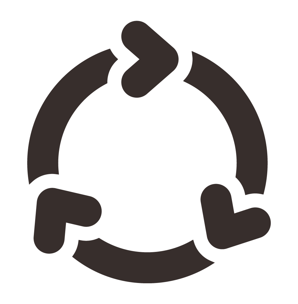 Icon of a circular arrow with three arms pointing clockwise, symbolizing recycling or cycle.